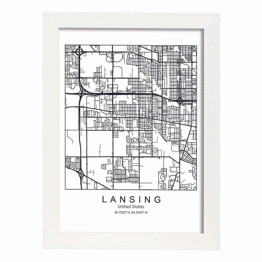 Poster con mapa de Lansing. Lámina de Estados Unidos, con imágenes de mapas y carreteras-Artwork-Nacnic-A4-Marco Blanco-Nacnic Estudio SL