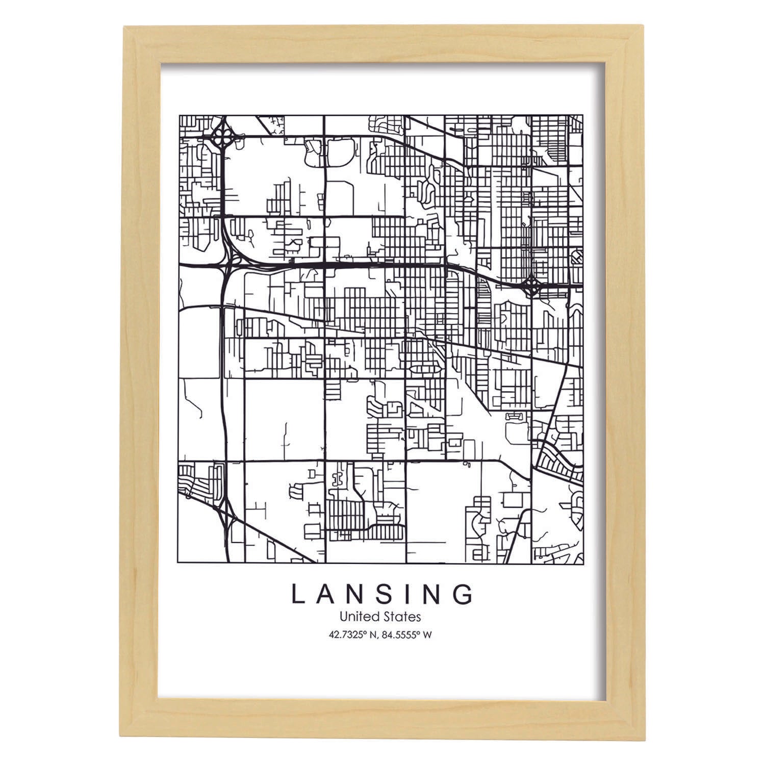 Poster con mapa de Lansing. Lámina de Estados Unidos, con imágenes de mapas y carreteras-Artwork-Nacnic-A4-Marco Madera clara-Nacnic Estudio SL