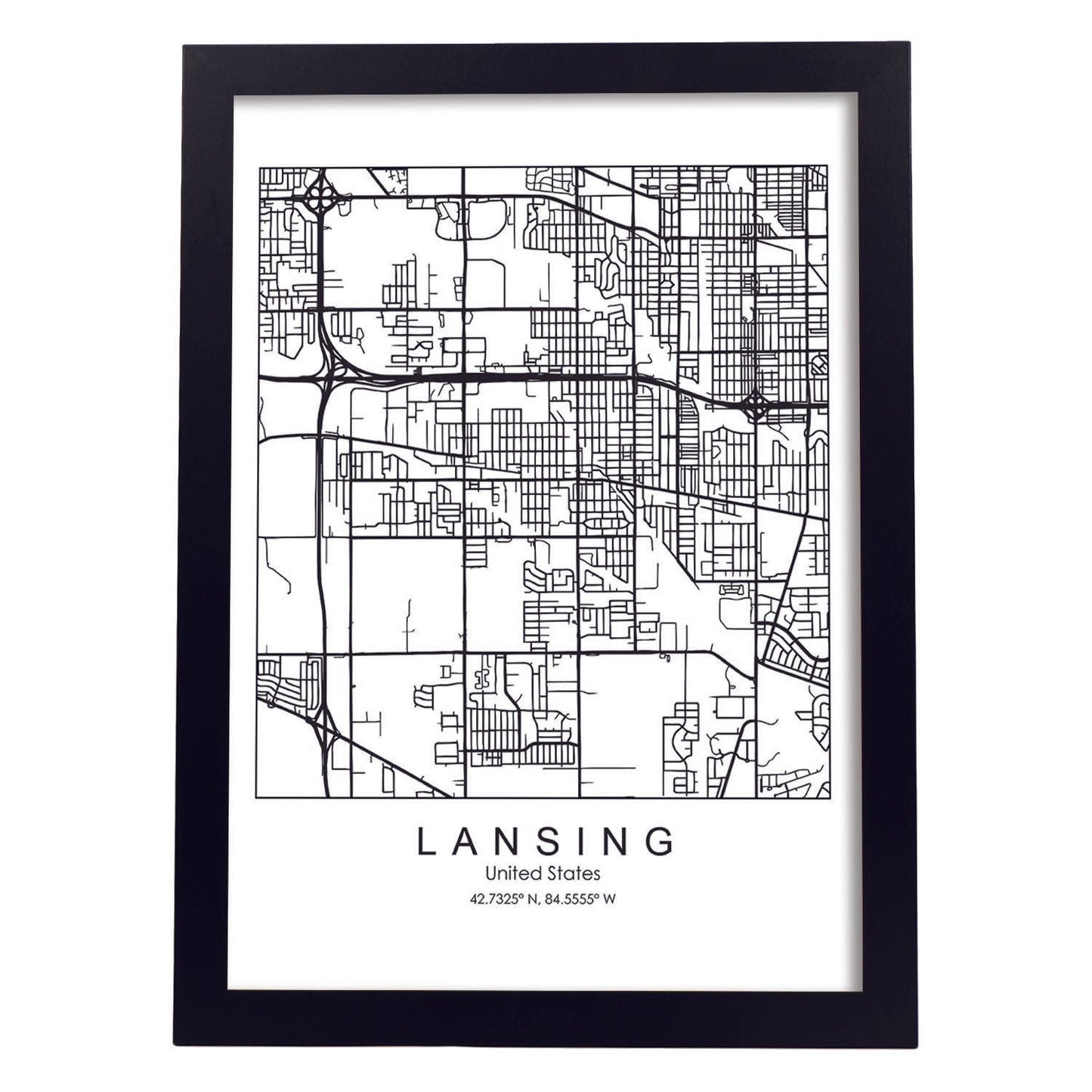 Poster con mapa de Lansing. Lámina de Estados Unidos, con imágenes de mapas y carreteras-Artwork-Nacnic-A4-Marco Negro-Nacnic Estudio SL