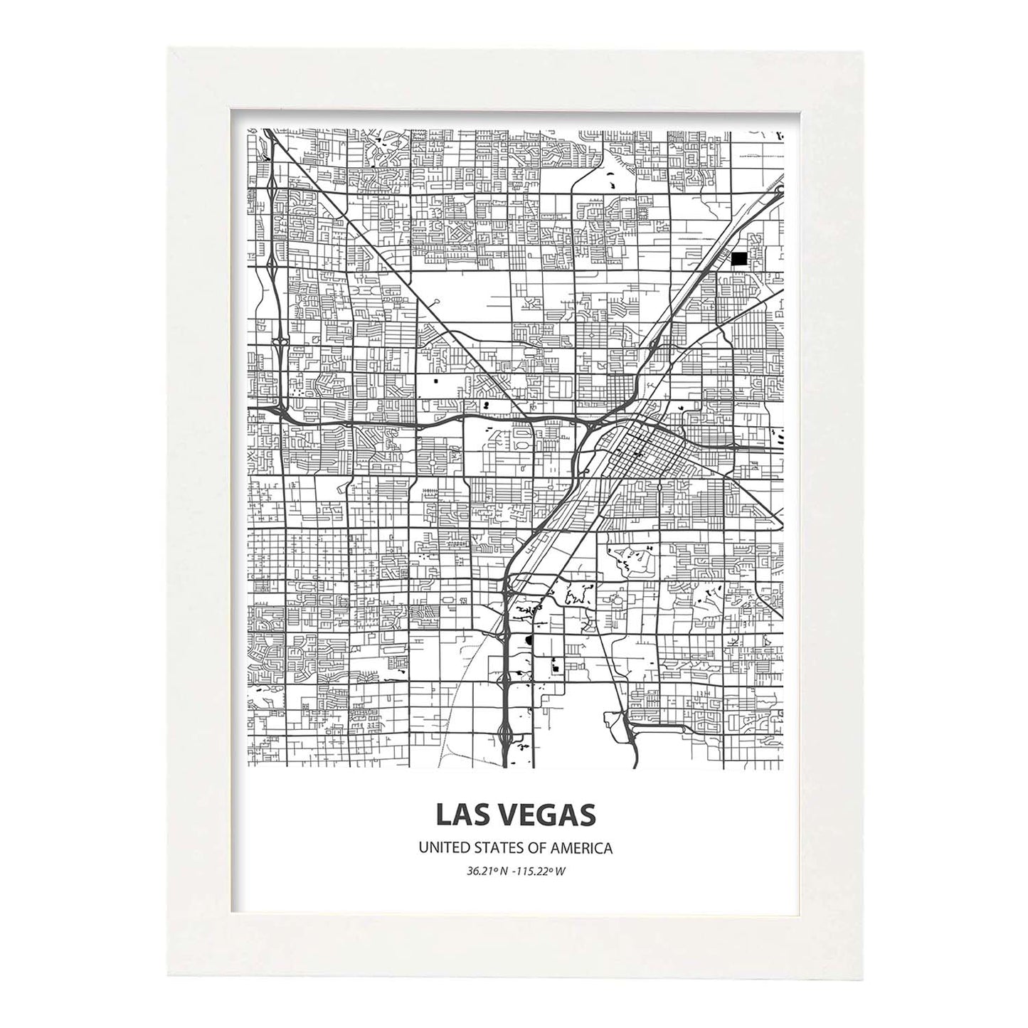 Poster con mapa de Las Vegas - USA. Láminas de ciudades de Estados Unidos con mares y ríos en color negro.-Artwork-Nacnic-A3-Marco Blanco-Nacnic Estudio SL