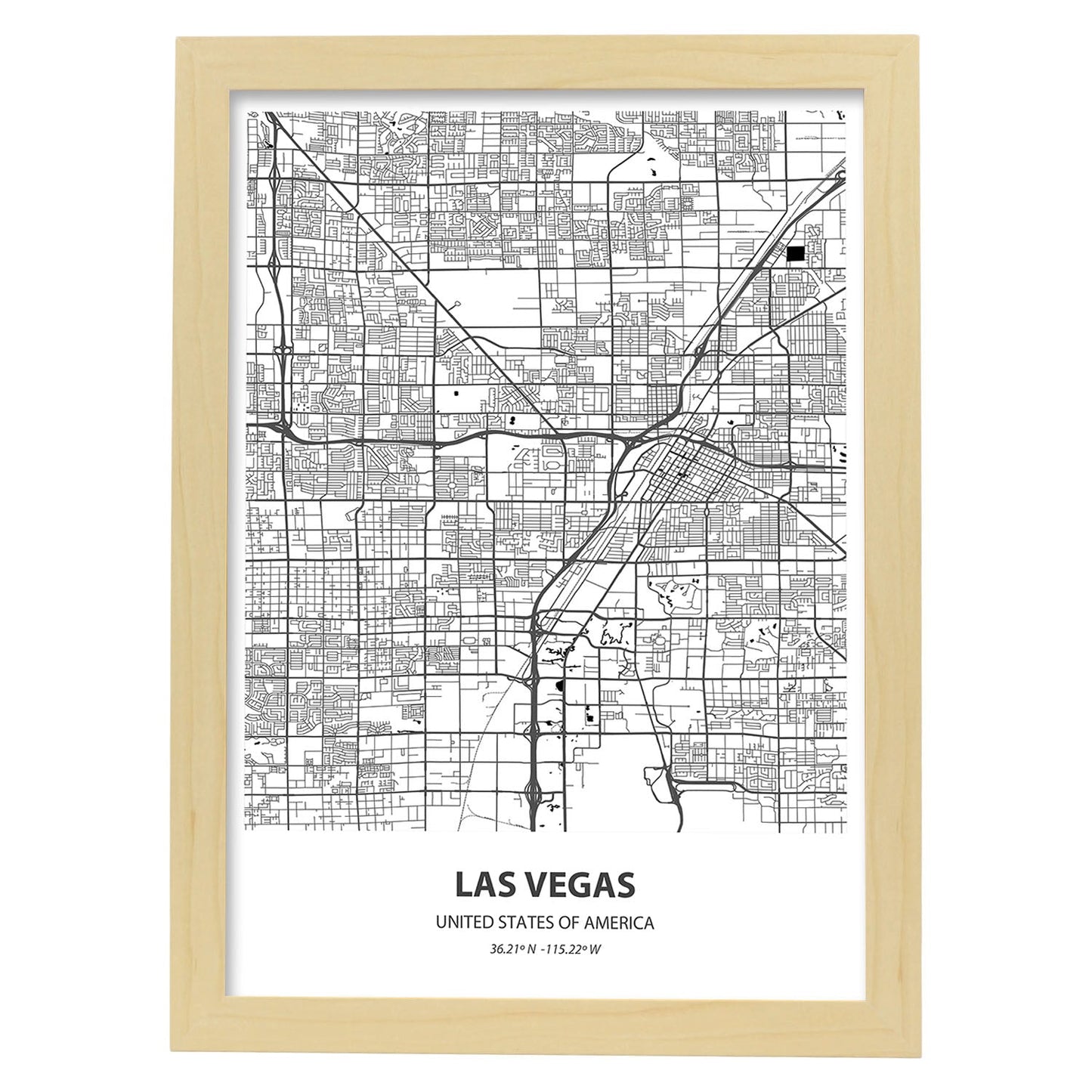 Poster con mapa de Las Vegas - USA. Láminas de ciudades de Estados Unidos con mares y ríos en color negro.-Artwork-Nacnic-A3-Marco Madera clara-Nacnic Estudio SL