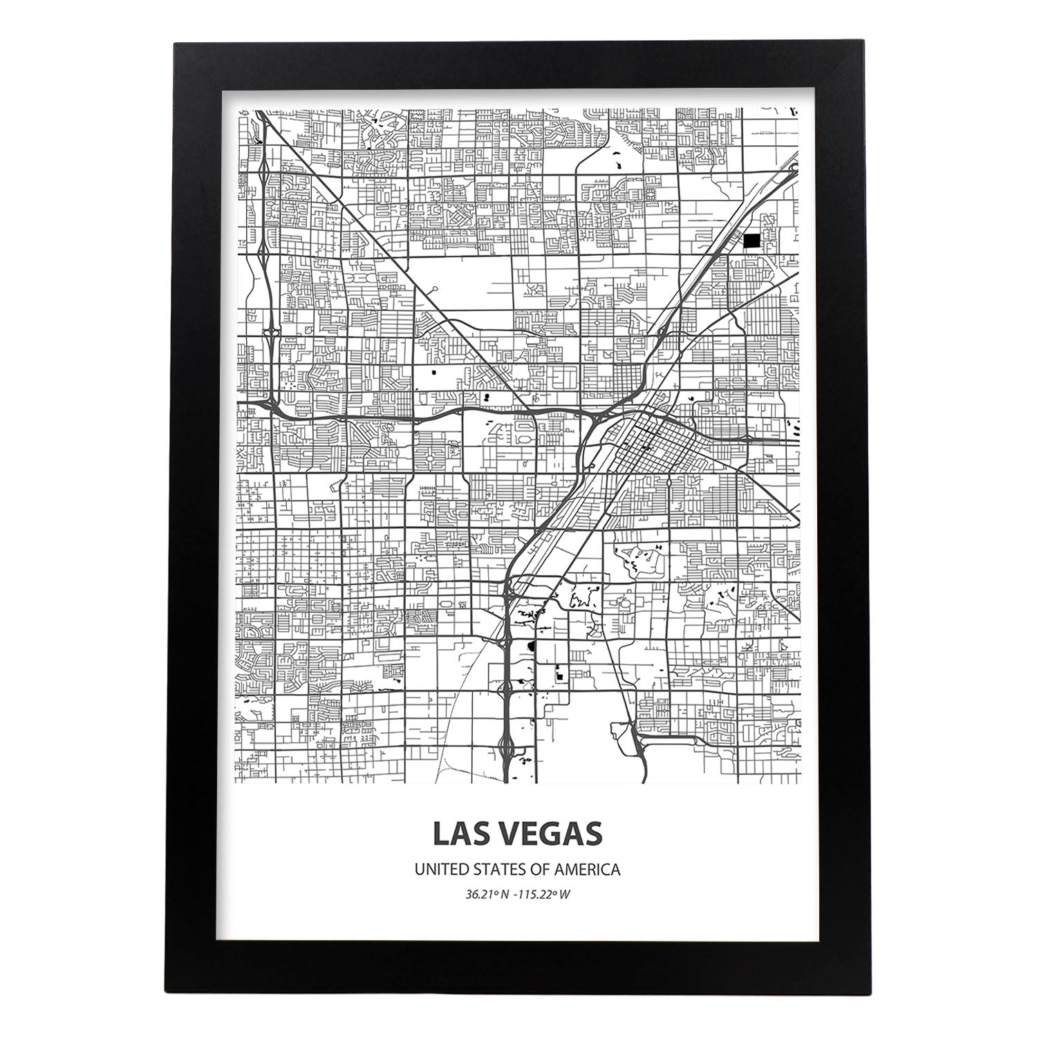 Poster con mapa de Las Vegas - USA. Láminas de ciudades de Estados Unidos con mares y ríos en color negro.-Artwork-Nacnic-A3-Marco Negro-Nacnic Estudio SL