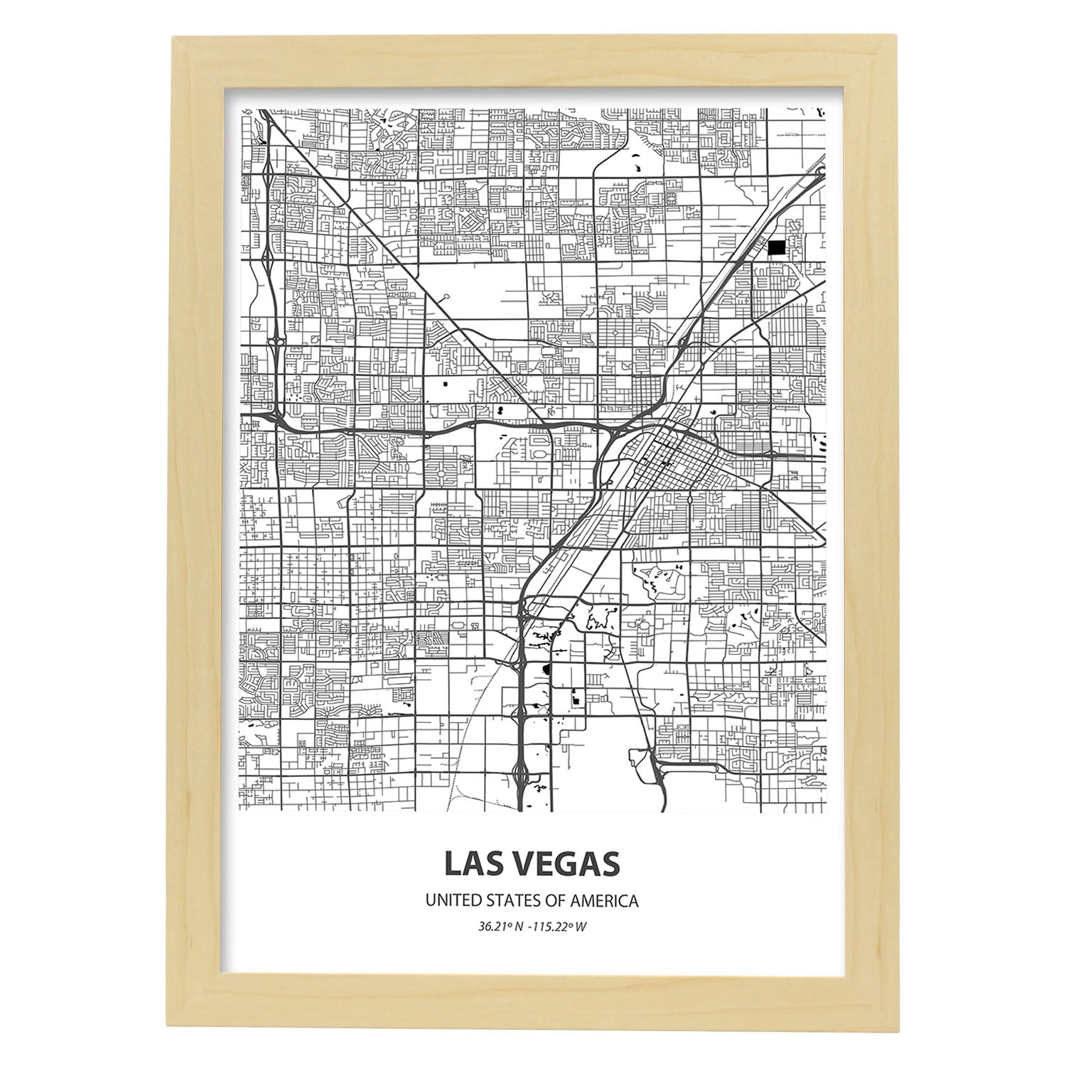 Poster con mapa de Las Vegas - USA. Láminas de ciudades de Estados Unidos con mares y ríos en color negro.-Artwork-Nacnic-A4-Marco Madera clara-Nacnic Estudio SL