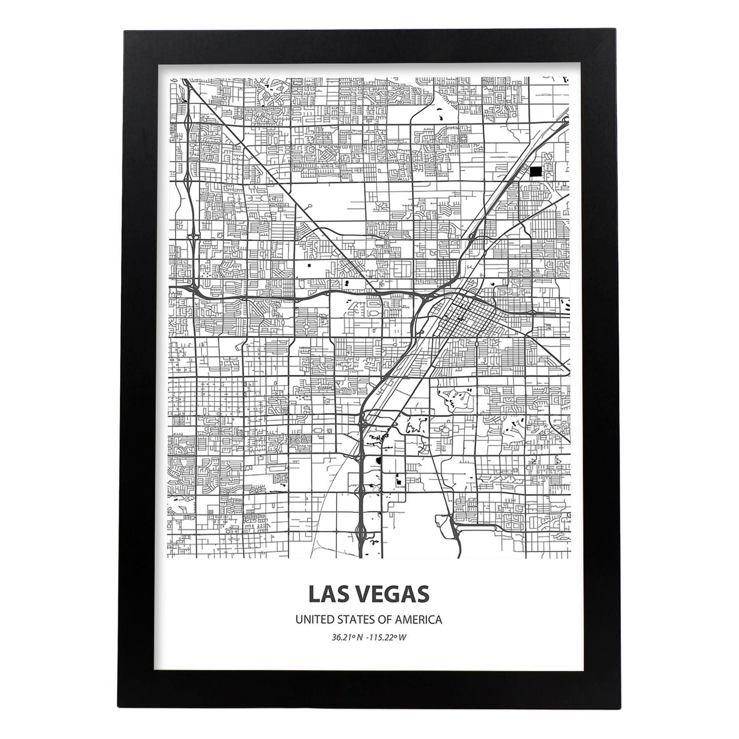 Poster con mapa de Las Vegas - USA. Láminas de ciudades de Estados Unidos con mares y ríos en color negro.-Artwork-Nacnic-A4-Marco Negro-Nacnic Estudio SL