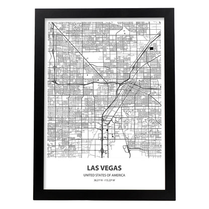 Poster con mapa de Las Vegas - USA. Láminas de ciudades de Estados Unidos con mares y ríos en color negro.-Artwork-Nacnic-A4-Marco Negro-Nacnic Estudio SL