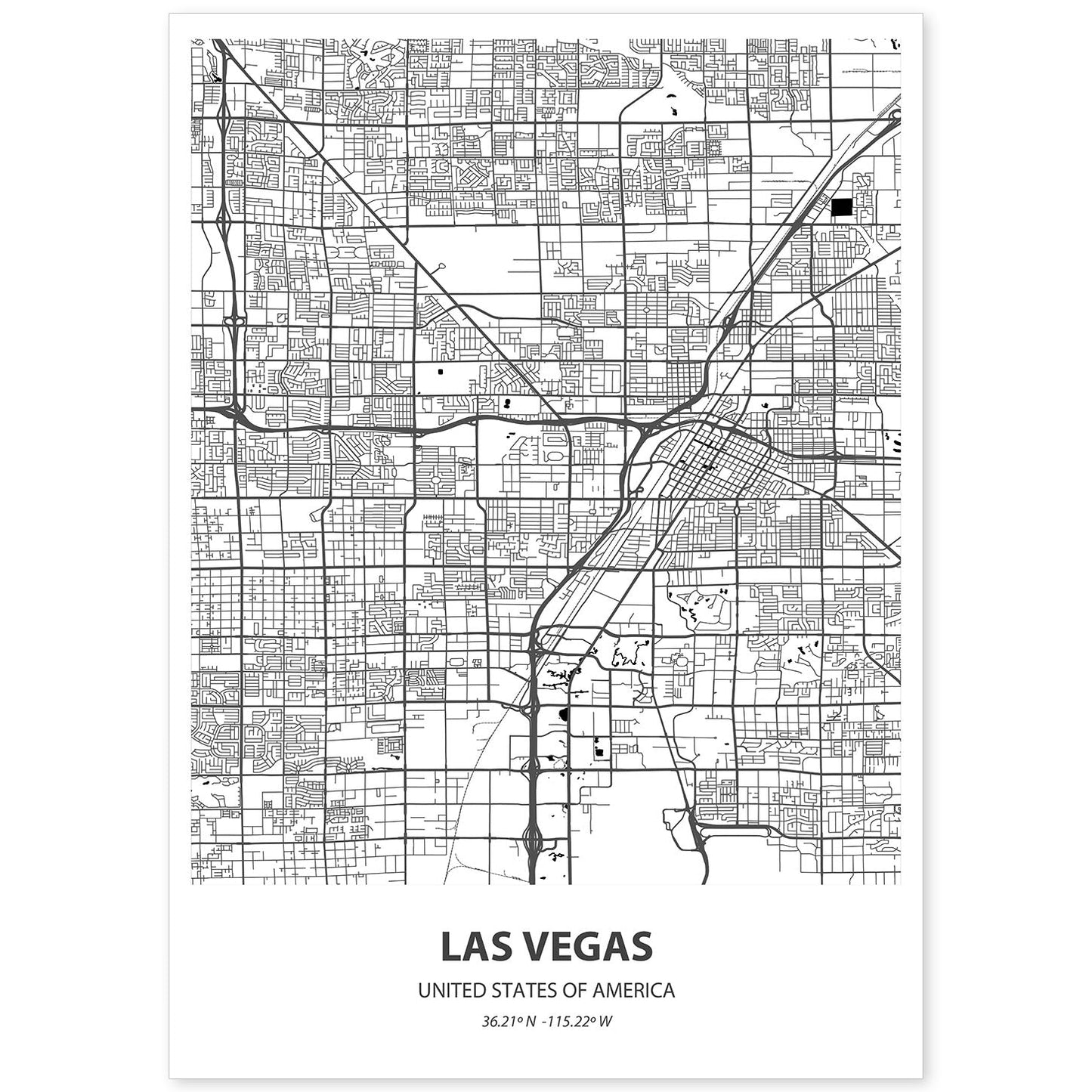 Poster con mapa de Las Vegas - USA. Láminas de ciudades de Estados Unidos con mares y ríos en color negro.-Artwork-Nacnic-A4-Sin marco-Nacnic Estudio SL