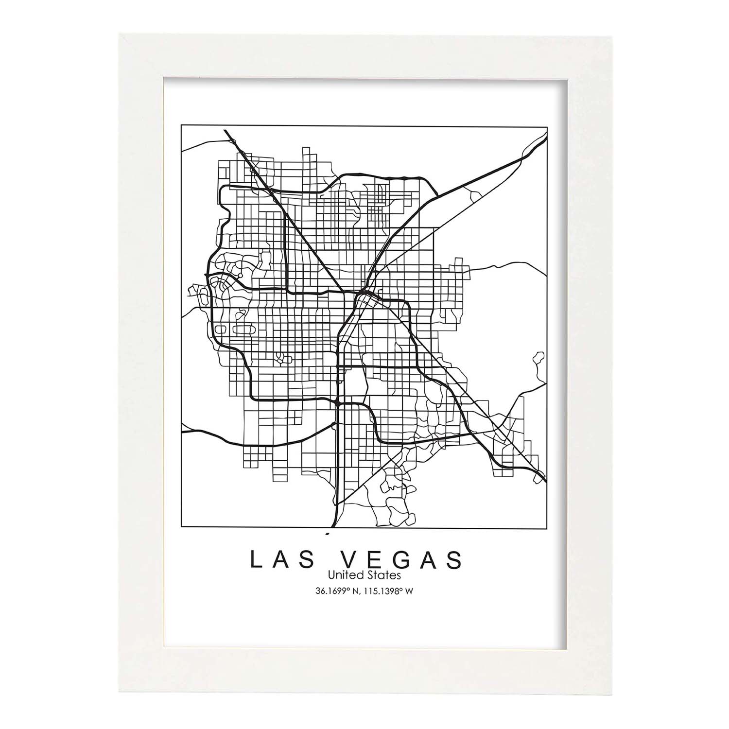 Poster con mapa de Las Vegas. Lámina de Estados Unidos, con imágenes de mapas y carreteras-Artwork-Nacnic-A3-Marco Blanco-Nacnic Estudio SL