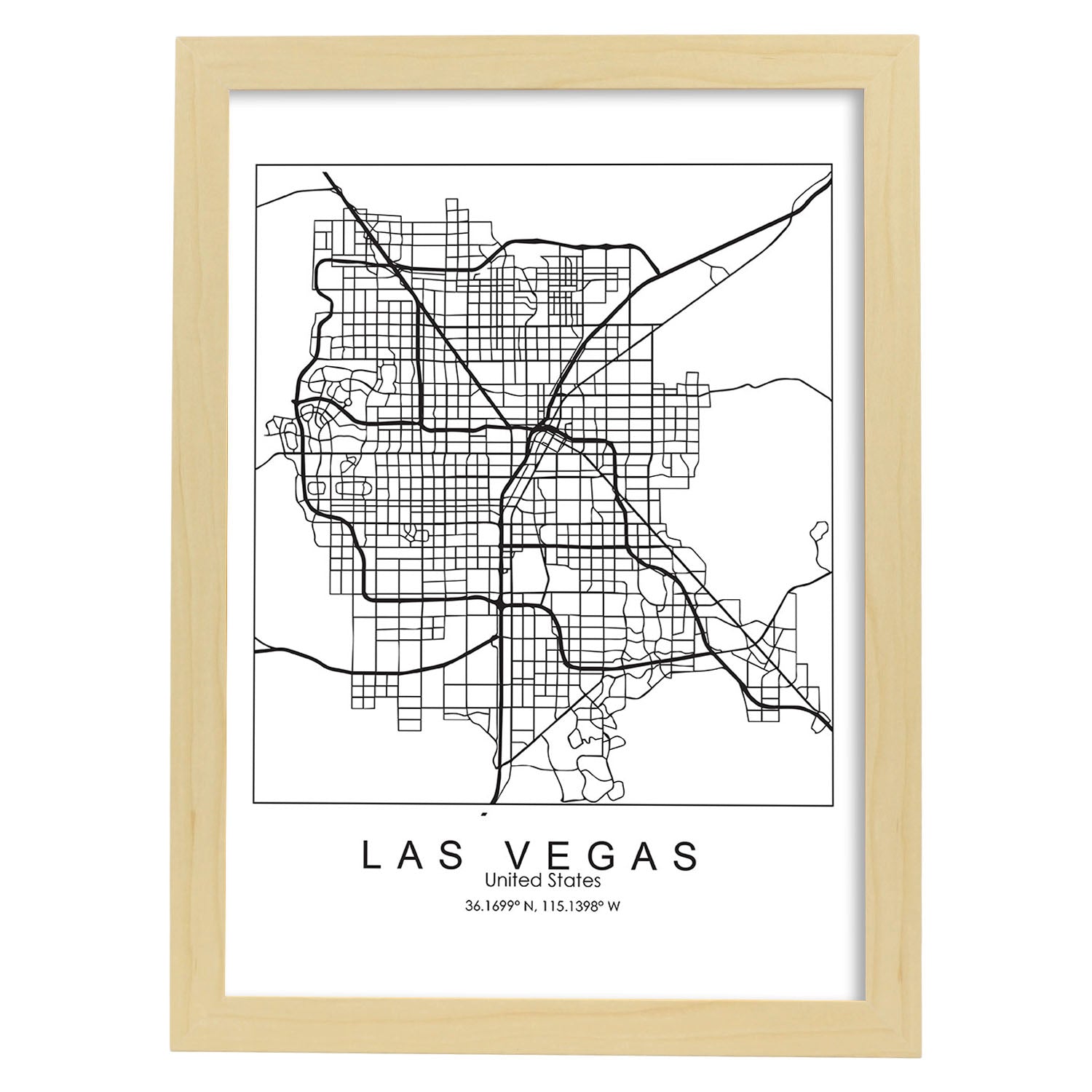 Poster con mapa de Las Vegas. Lámina de Estados Unidos, con imágenes de mapas y carreteras-Artwork-Nacnic-A3-Marco Madera clara-Nacnic Estudio SL