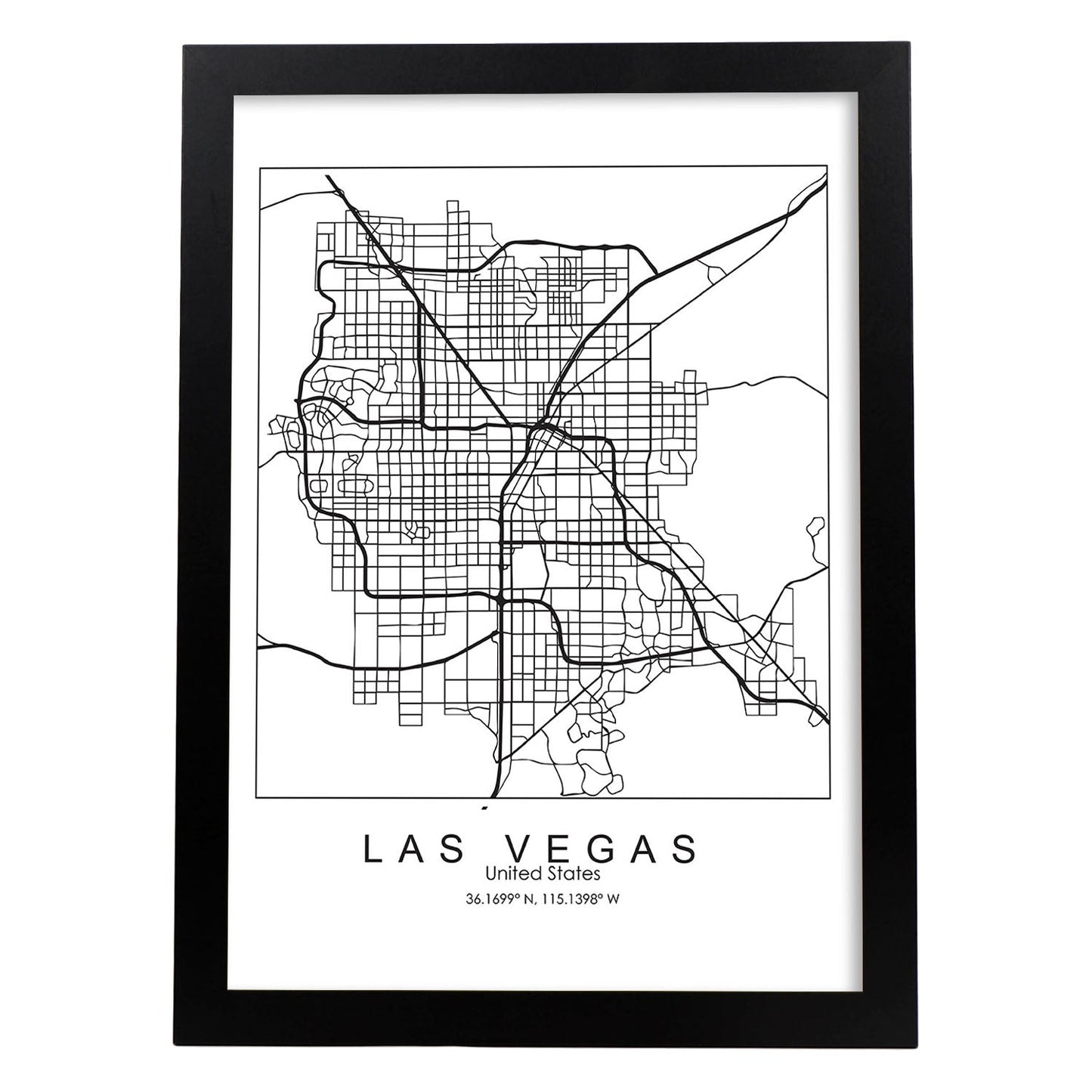 Poster con mapa de Las Vegas. Lámina de Estados Unidos, con imágenes de mapas y carreteras-Artwork-Nacnic-A3-Marco Negro-Nacnic Estudio SL