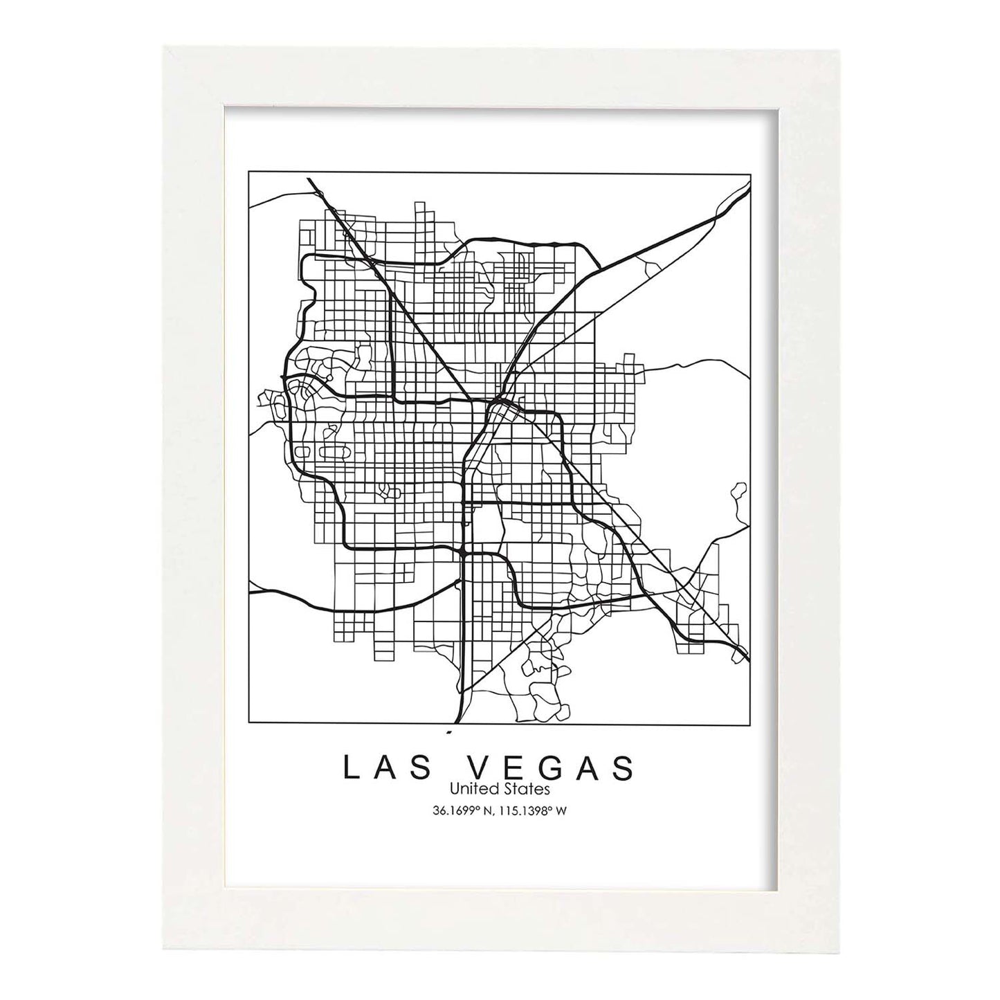 Poster con mapa de Las Vegas. Lámina de Estados Unidos, con imágenes de mapas y carreteras-Artwork-Nacnic-A4-Marco Blanco-Nacnic Estudio SL