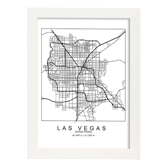 Poster con mapa de Las Vegas. Lámina de Estados Unidos, con imágenes de mapas y carreteras-Artwork-Nacnic-A4-Marco Blanco-Nacnic Estudio SL