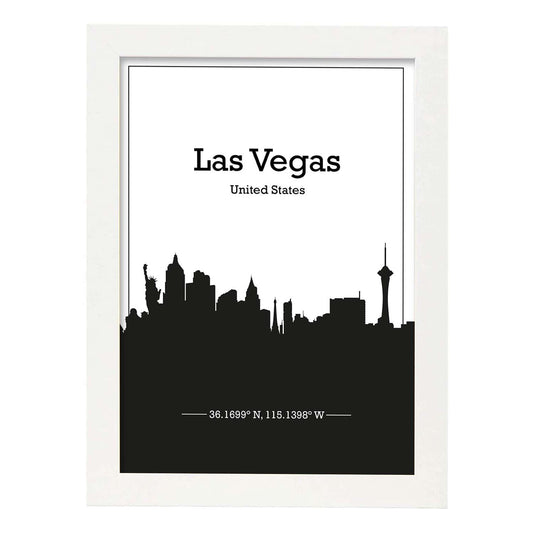 Poster con mapa de Lasvegas - USA. Láminas con Skyline de ciudades de Estados Unidos, Canada, Mexico con sombra negra.-Artwork-Nacnic-A4-Marco Blanco-Nacnic Estudio SL