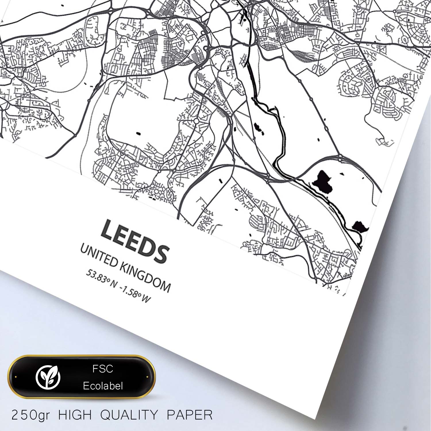 Poster con mapa de Leeds - Reino Unido. Láminas de ciudades de Reino Unido con mares y ríos en color negro.-Artwork-Nacnic-Nacnic Estudio SL