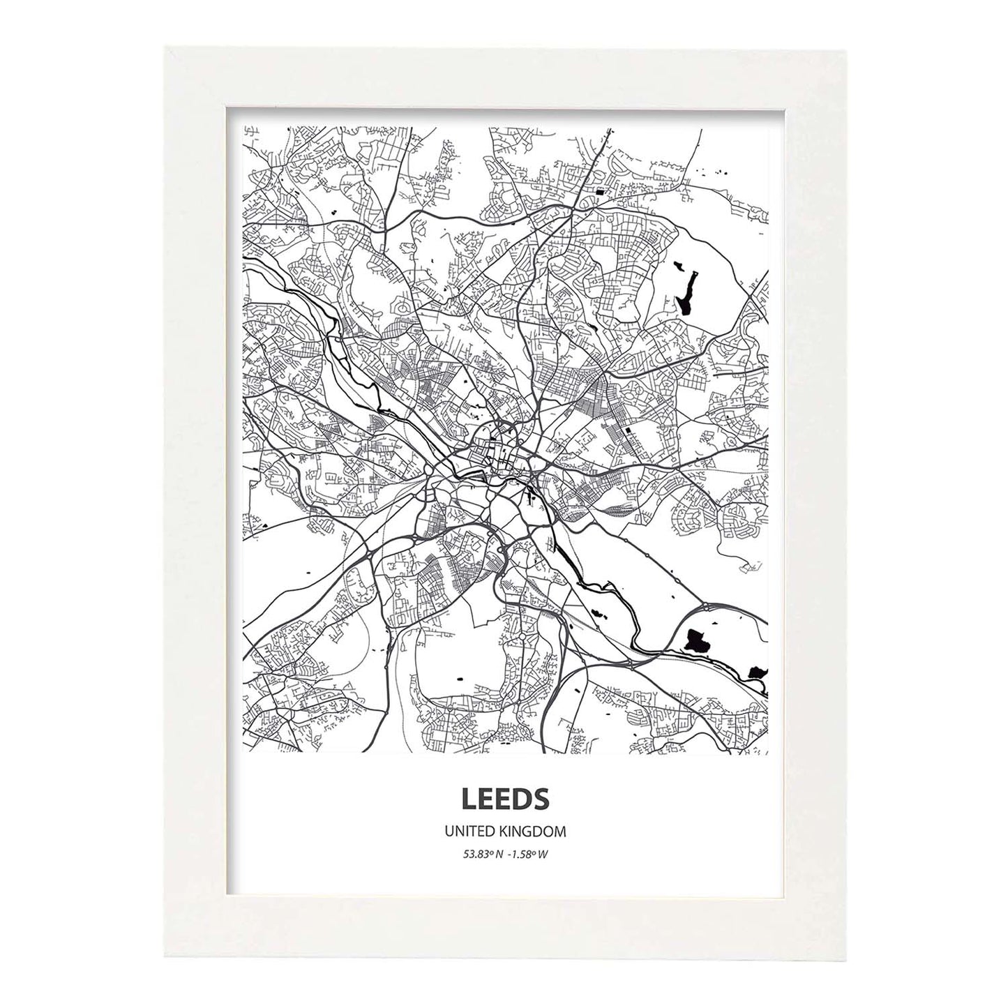 Poster con mapa de Leeds - Reino Unido. Láminas de ciudades de Reino Unido con mares y ríos en color negro.-Artwork-Nacnic-A3-Marco Blanco-Nacnic Estudio SL