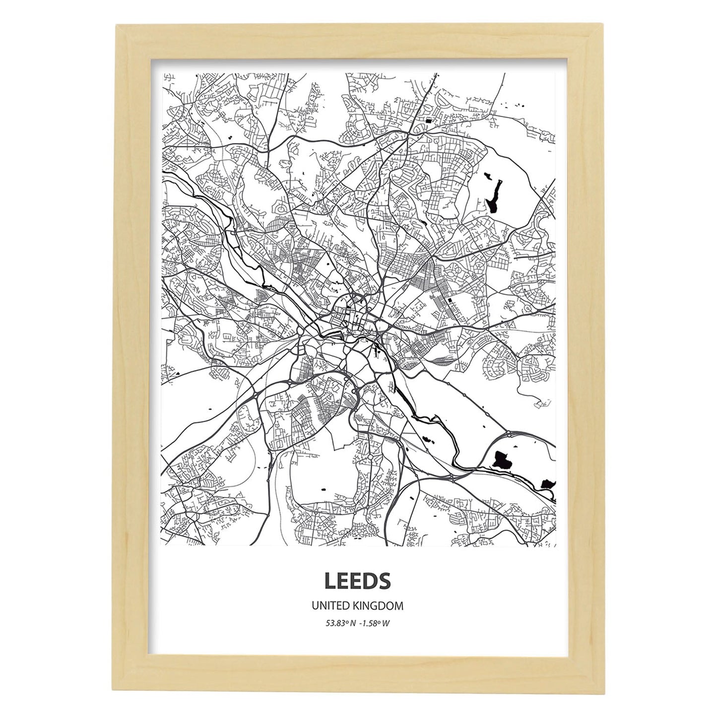 Poster con mapa de Leeds - Reino Unido. Láminas de ciudades de Reino Unido con mares y ríos en color negro.-Artwork-Nacnic-A3-Marco Madera clara-Nacnic Estudio SL