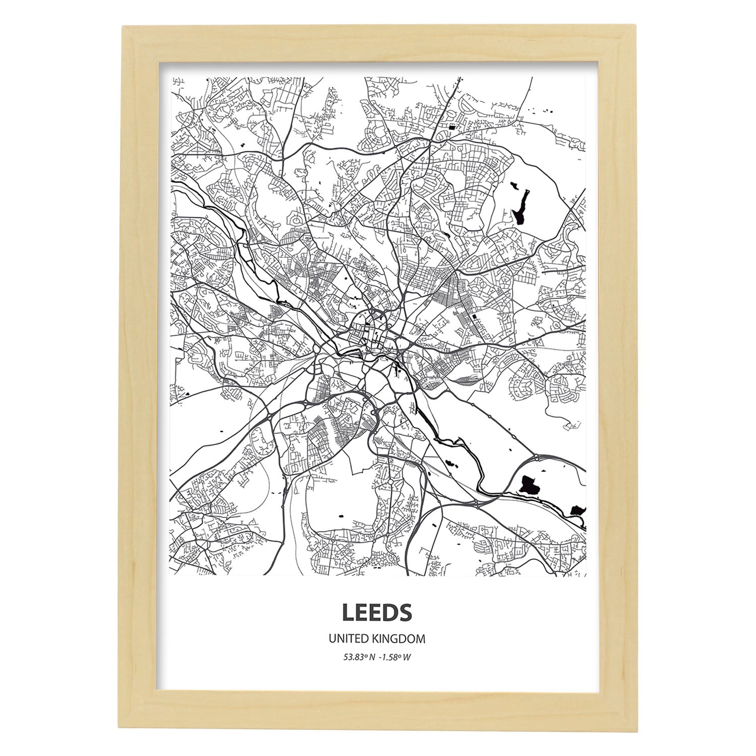 Poster con mapa de Leeds - Reino Unido. Láminas de ciudades de Reino Unido con mares y ríos en color negro.-Artwork-Nacnic-A3-Marco Madera clara-Nacnic Estudio SL
