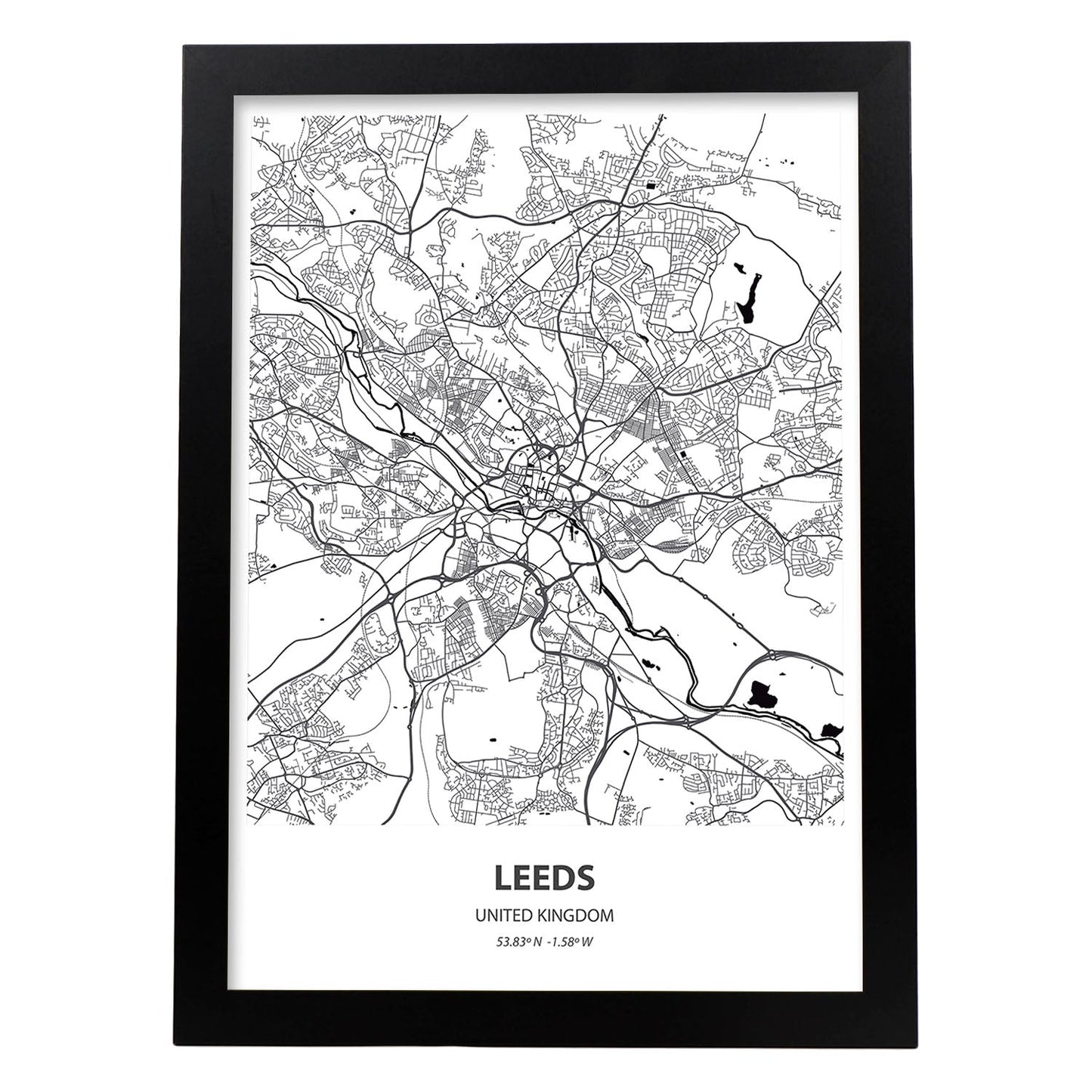 Poster con mapa de Leeds - Reino Unido. Láminas de ciudades de Reino Unido con mares y ríos en color negro.-Artwork-Nacnic-A3-Marco Negro-Nacnic Estudio SL