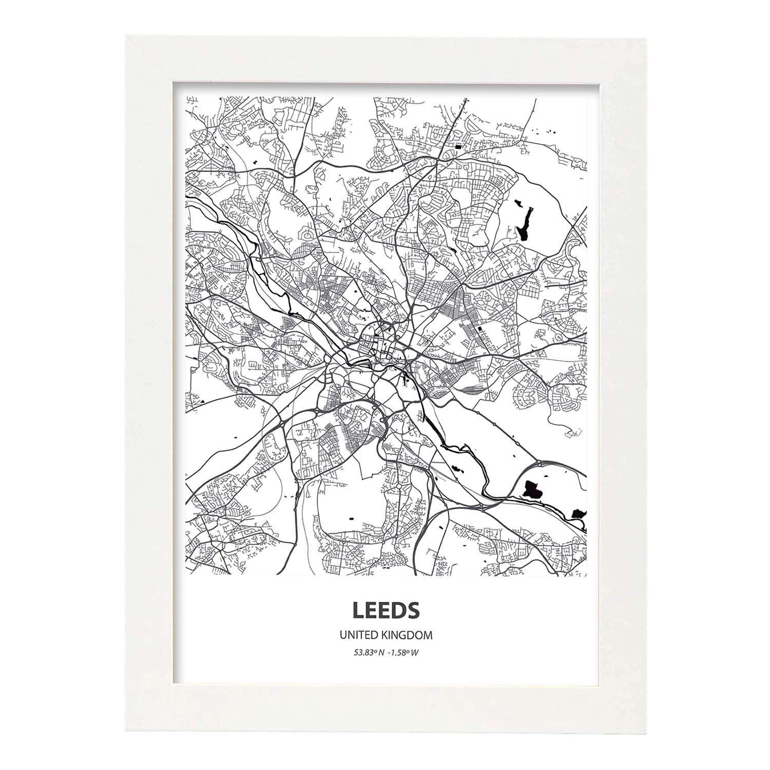 Poster con mapa de Leeds - Reino Unido. Láminas de ciudades de Reino Unido con mares y ríos en color negro.-Artwork-Nacnic-A4-Marco Blanco-Nacnic Estudio SL