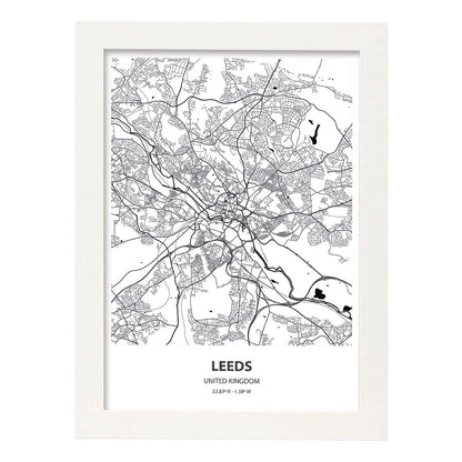 Poster con mapa de Leeds - Reino Unido. Láminas de ciudades de Reino Unido con mares y ríos en color negro.-Artwork-Nacnic-A4-Marco Blanco-Nacnic Estudio SL