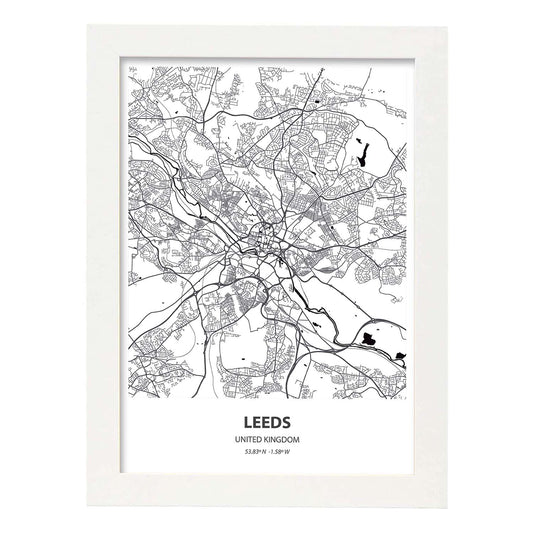 Poster con mapa de Leeds - Reino Unido. Láminas de ciudades de Reino Unido con mares y ríos en color negro.-Artwork-Nacnic-A4-Marco Blanco-Nacnic Estudio SL