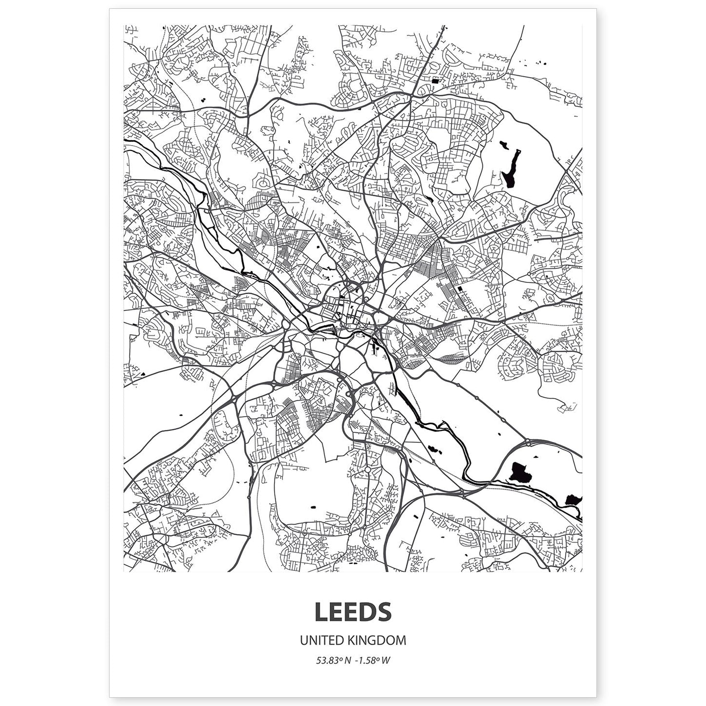 Poster con mapa de Leeds - Reino Unido. Láminas de ciudades de Reino Unido con mares y ríos en color negro.-Artwork-Nacnic-A4-Sin marco-Nacnic Estudio SL