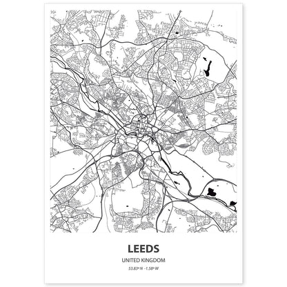 Poster con mapa de Leeds - Reino Unido. Láminas de ciudades de Reino Unido con mares y ríos en color negro.-Artwork-Nacnic-A4-Sin marco-Nacnic Estudio SL