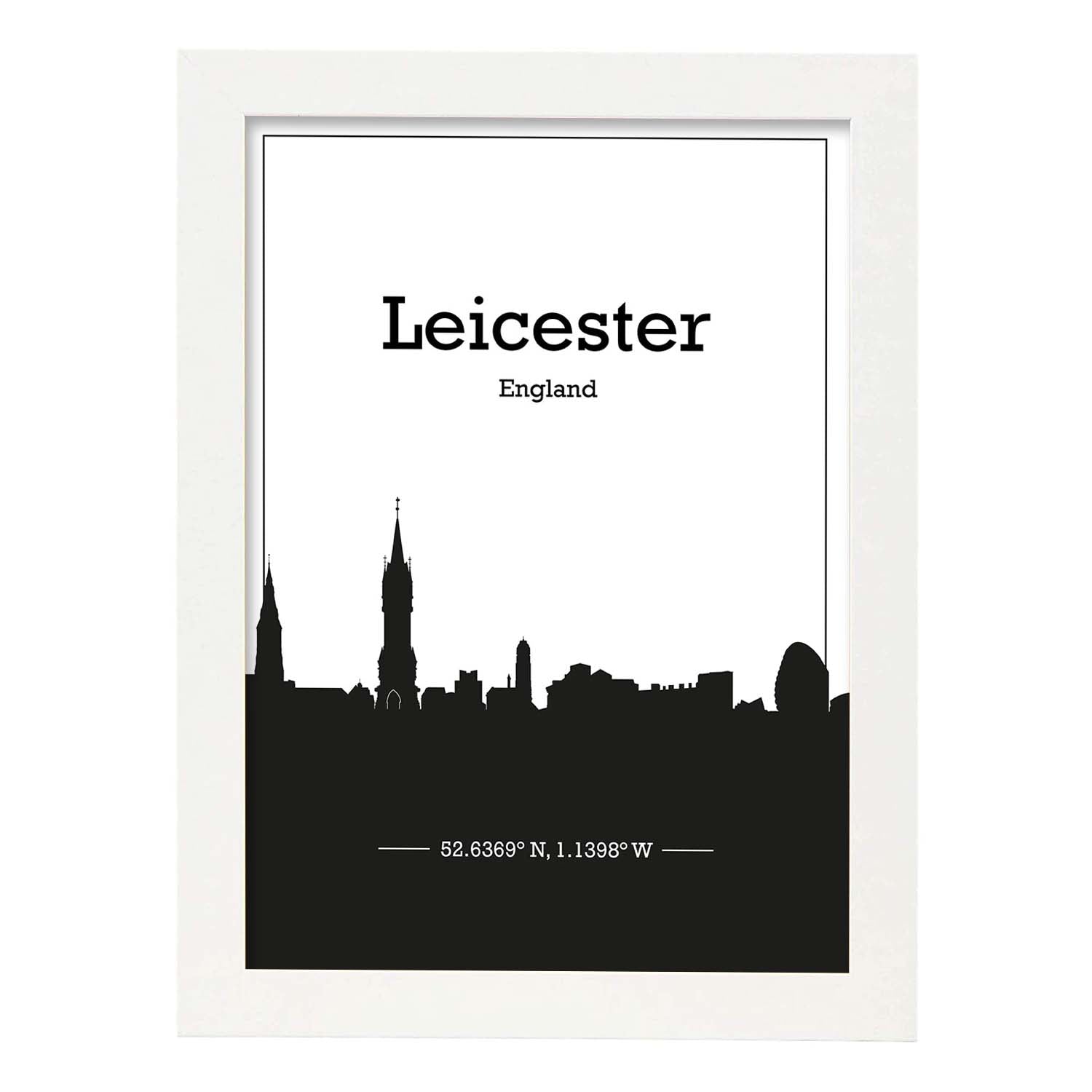 Poster con mapa de Leicester - Inglaterra. Láminas con Skyline de ciudades de Inglaterra e Irlanda con sombra negra.-Artwork-Nacnic-A3-Marco Blanco-Nacnic Estudio SL