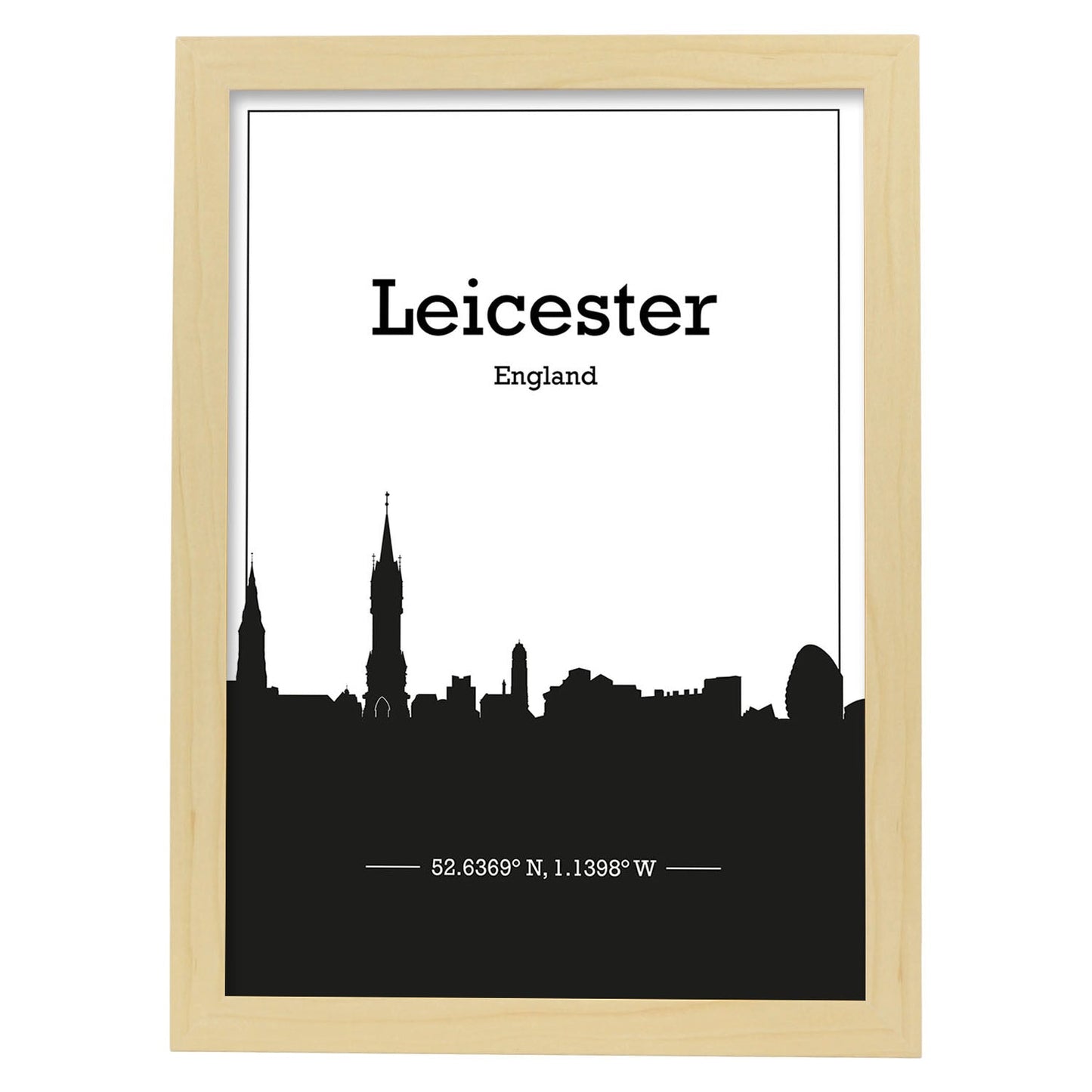 Poster con mapa de Leicester - Inglaterra. Láminas con Skyline de ciudades de Inglaterra e Irlanda con sombra negra.-Artwork-Nacnic-A3-Marco Madera clara-Nacnic Estudio SL