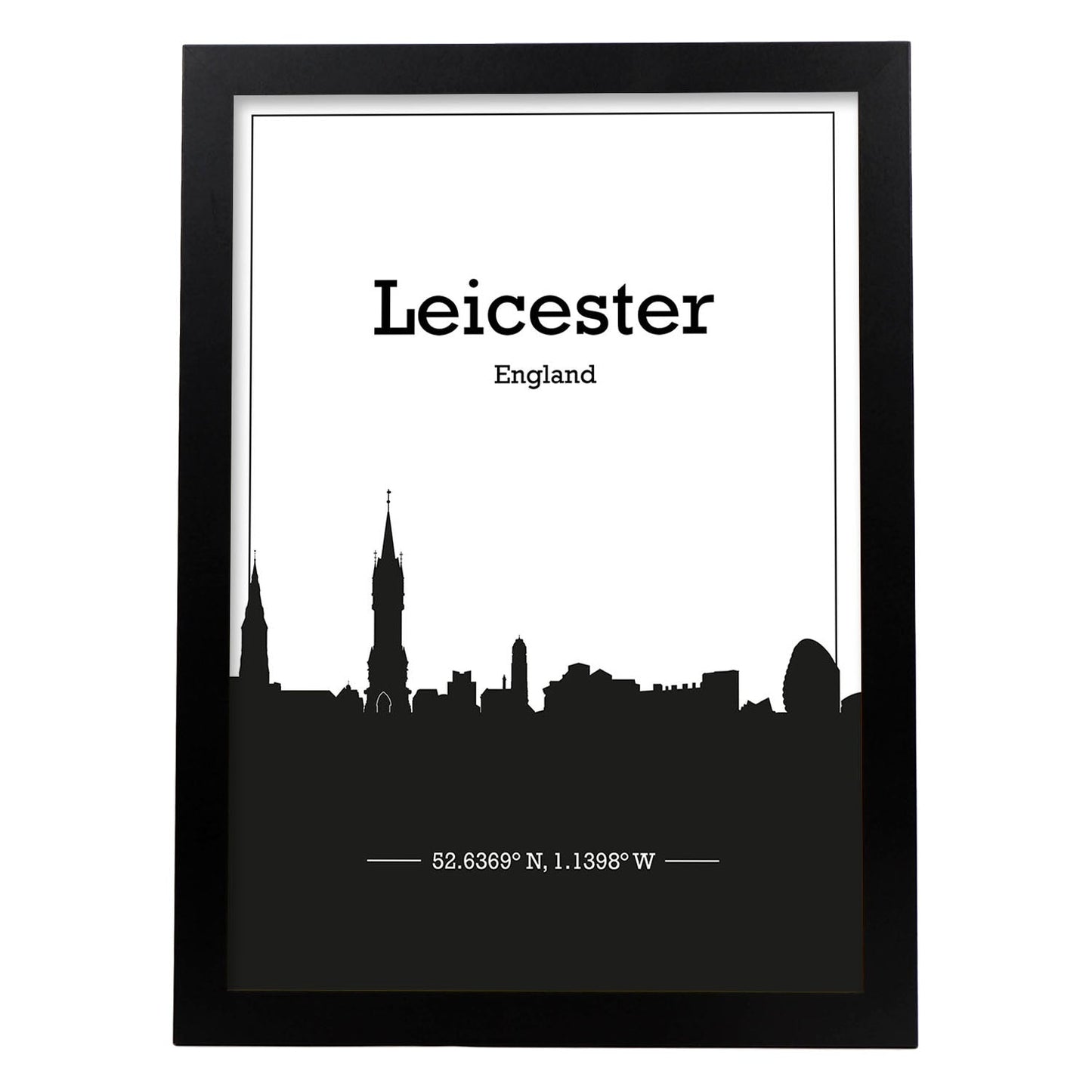 Poster con mapa de Leicester - Inglaterra. Láminas con Skyline de ciudades de Inglaterra e Irlanda con sombra negra.-Artwork-Nacnic-A3-Marco Negro-Nacnic Estudio SL
