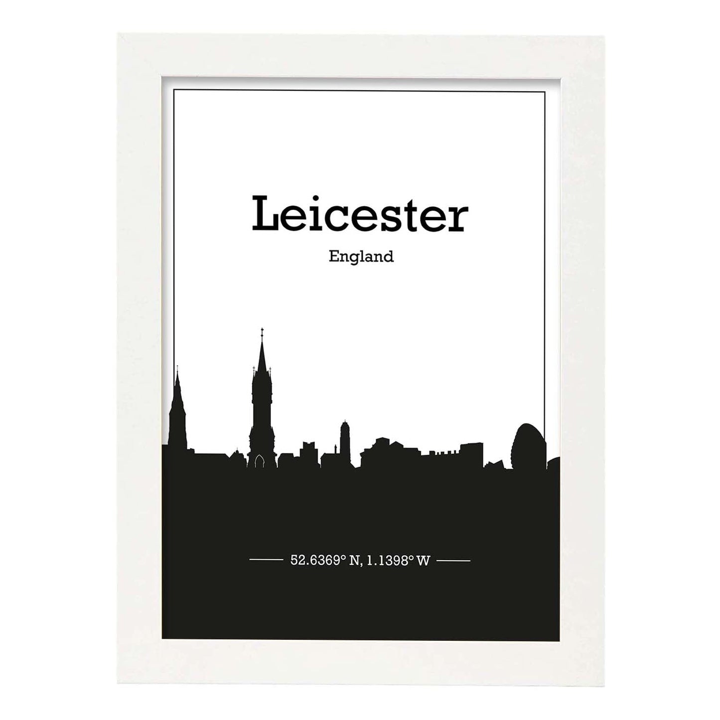 Poster con mapa de Leicester - Inglaterra. Láminas con Skyline de ciudades de Inglaterra e Irlanda con sombra negra.-Artwork-Nacnic-A4-Marco Blanco-Nacnic Estudio SL