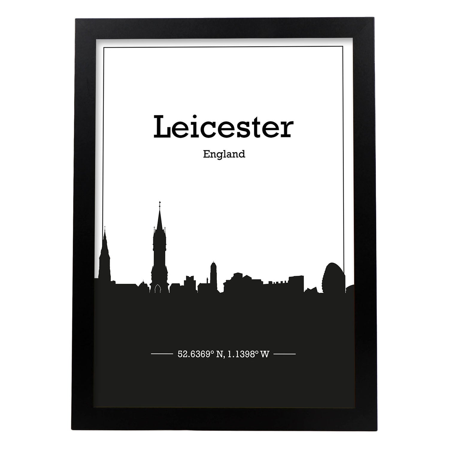 Poster con mapa de Leicester - Inglaterra. Láminas con Skyline de ciudades de Inglaterra e Irlanda con sombra negra.-Artwork-Nacnic-A4-Marco Negro-Nacnic Estudio SL