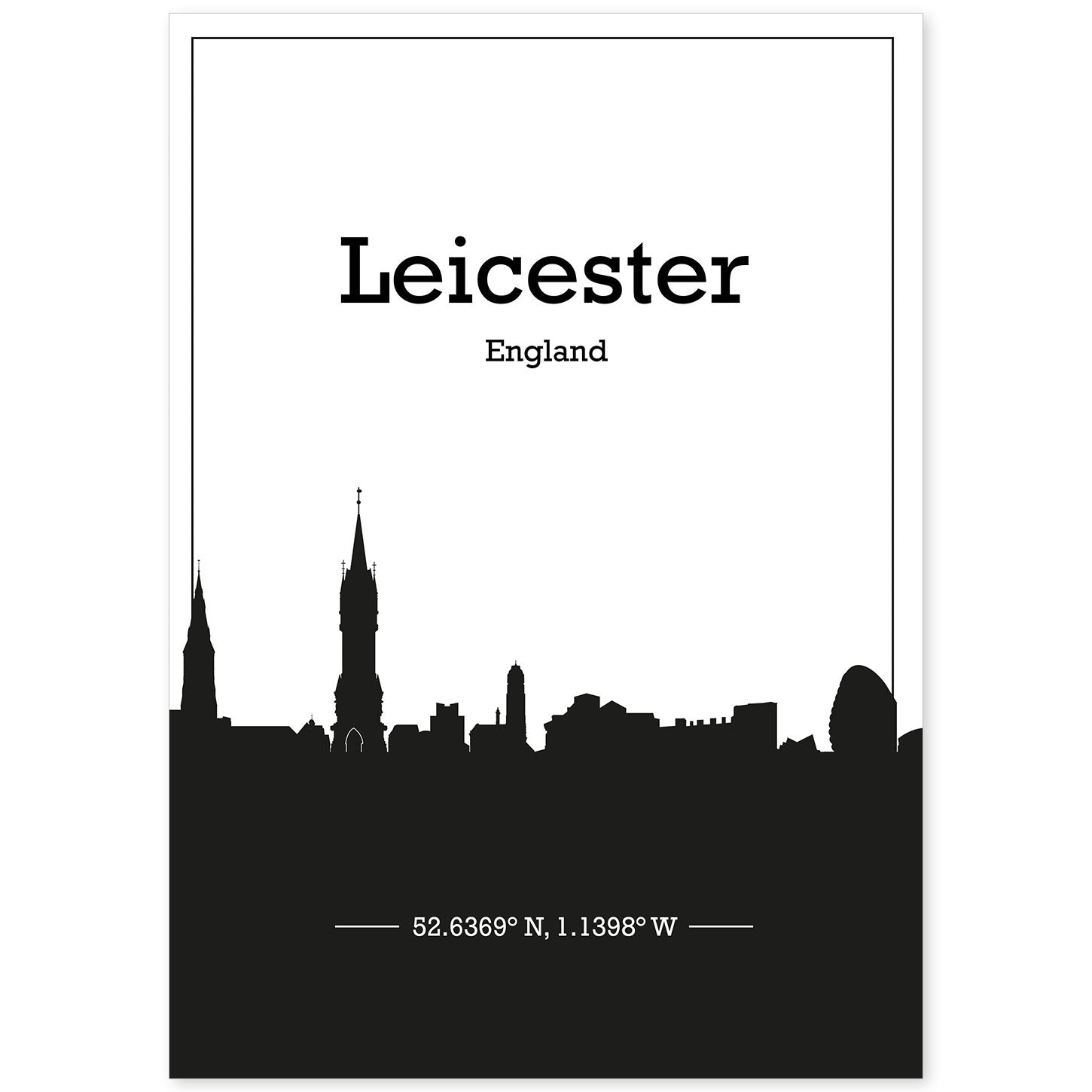 Poster con mapa de Leicester - Inglaterra. Láminas con Skyline de ciudades de Inglaterra e Irlanda con sombra negra.-Artwork-Nacnic-A4-Sin marco-Nacnic Estudio SL