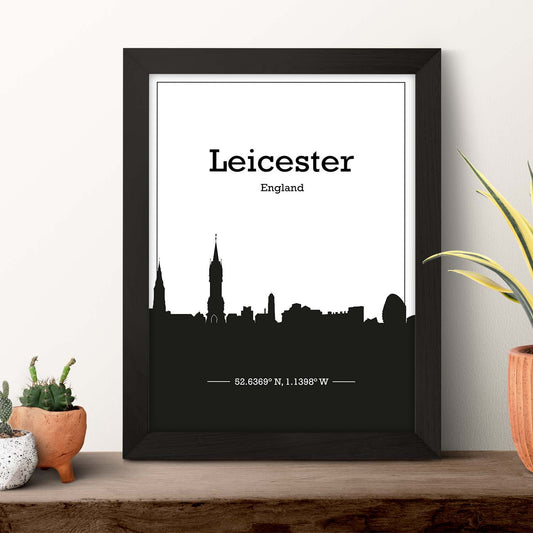 Poster con mapa de Leicester - Inglaterra. Láminas con Skyline de ciudades de Inglaterra e Irlanda con sombra negra.-Artwork-Nacnic-Nacnic Estudio SL