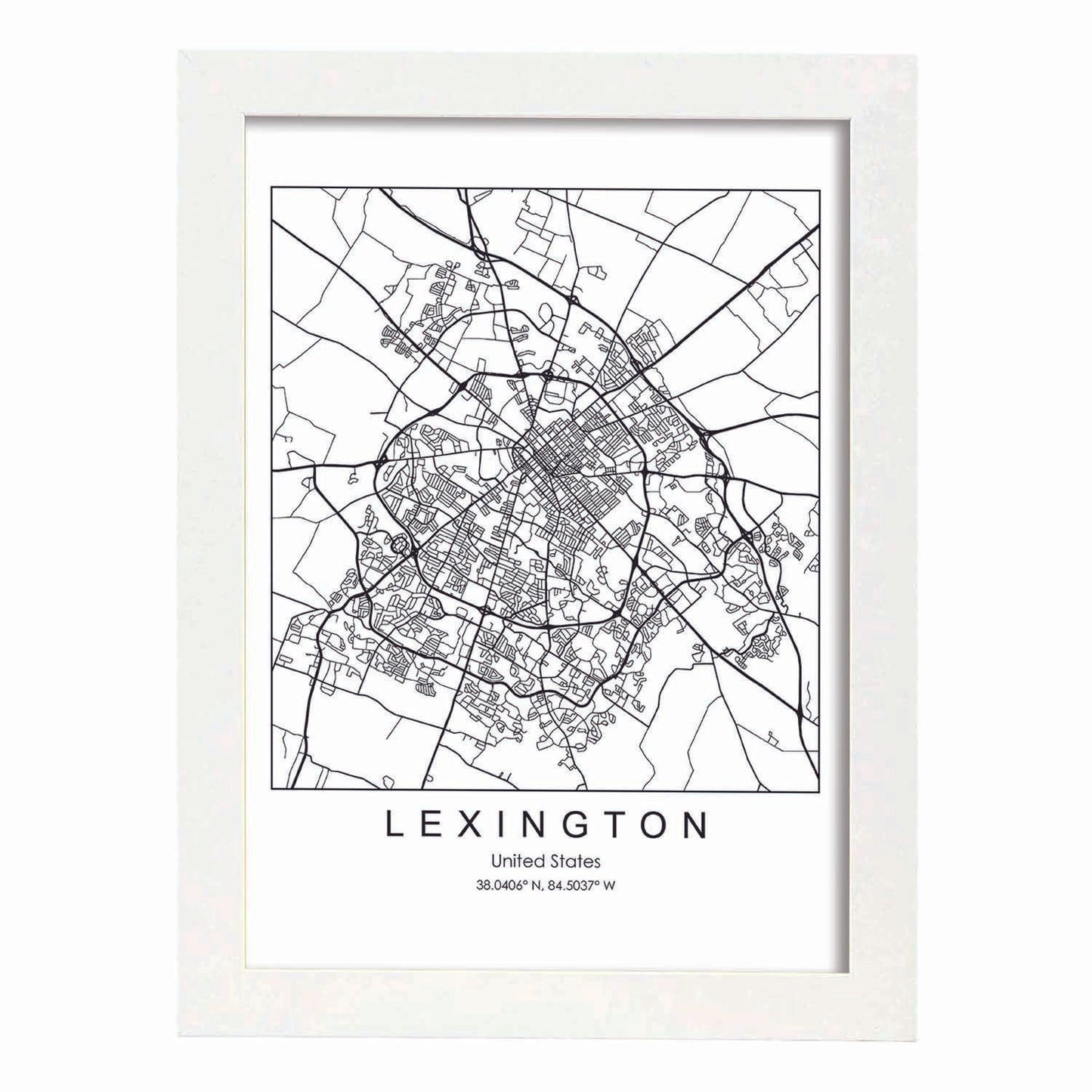 Poster con mapa de Lexington. Lámina de Estados Unidos, con imágenes de mapas y carreteras-Artwork-Nacnic-A3-Marco Blanco-Nacnic Estudio SL