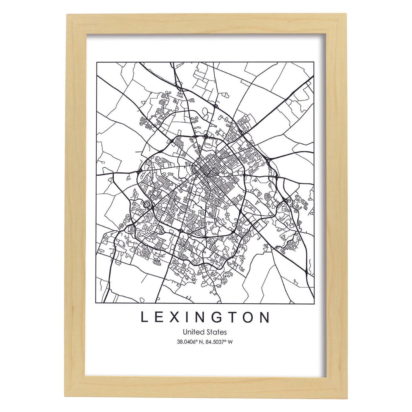 Poster con mapa de Lexington. Lámina de Estados Unidos, con imágenes de mapas y carreteras-Artwork-Nacnic-A3-Marco Madera clara-Nacnic Estudio SL