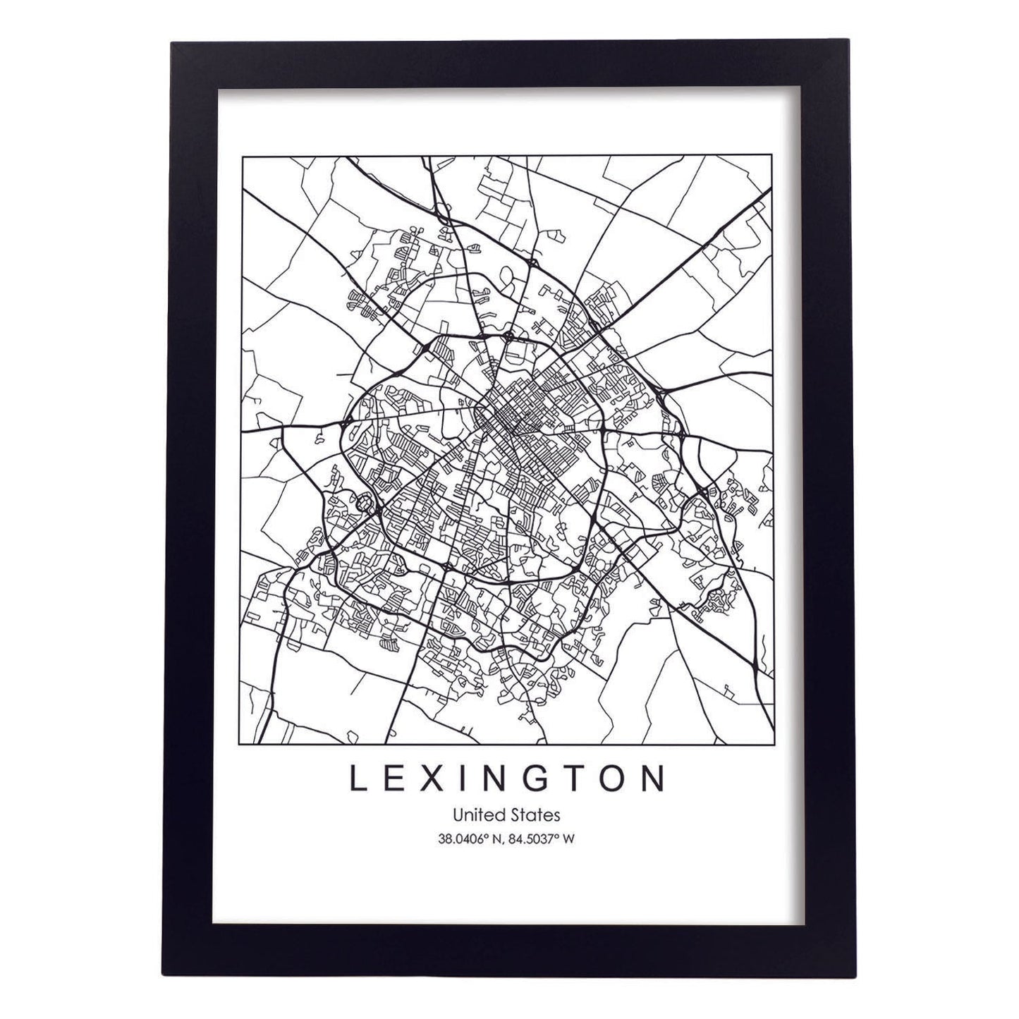 Poster con mapa de Lexington. Lámina de Estados Unidos, con imágenes de mapas y carreteras-Artwork-Nacnic-A3-Marco Negro-Nacnic Estudio SL