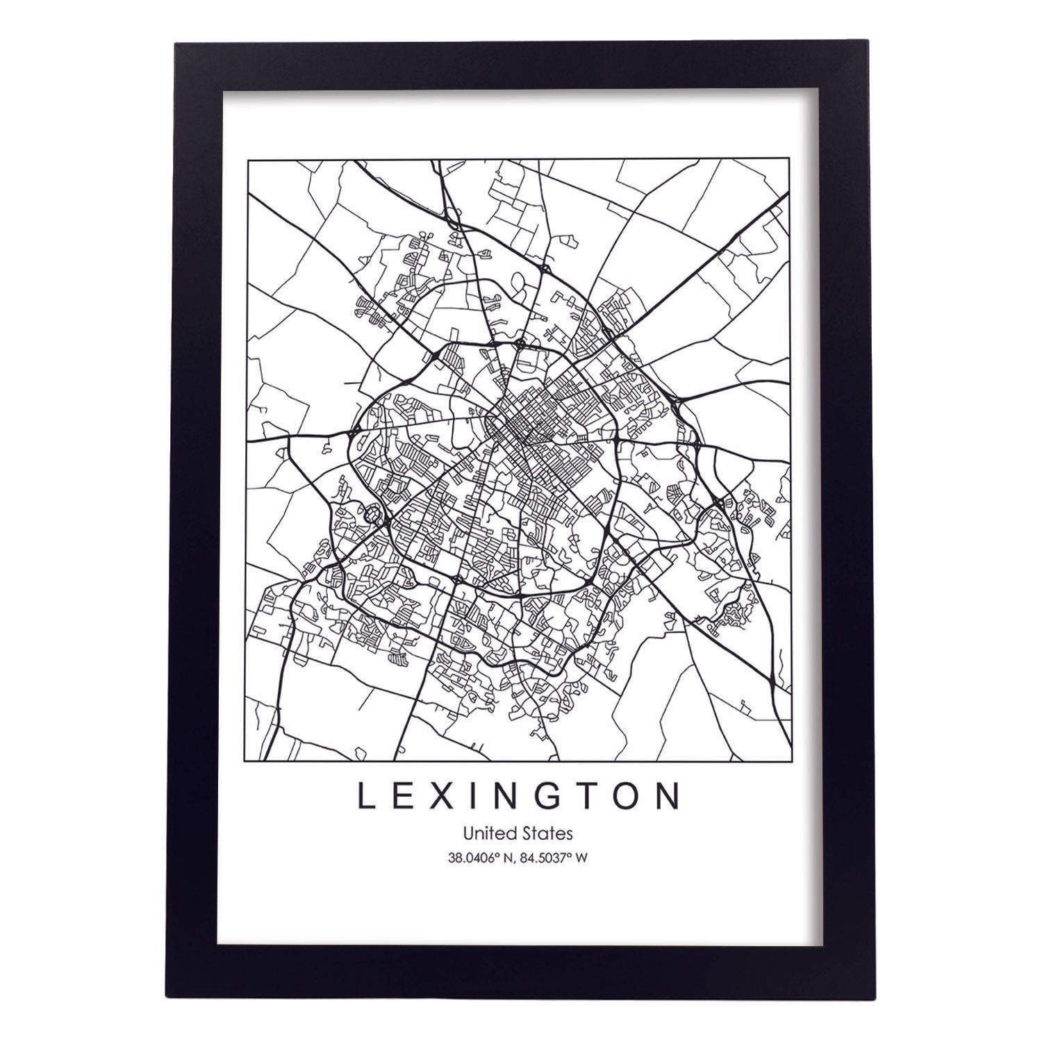 Poster con mapa de Lexington. Lámina de Estados Unidos, con imágenes de mapas y carreteras-Artwork-Nacnic-A4-Marco Negro-Nacnic Estudio SL
