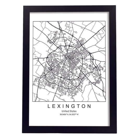Poster con mapa de Lexington. Lámina de Estados Unidos, con imágenes de mapas y carreteras-Artwork-Nacnic-A4-Marco Negro-Nacnic Estudio SL