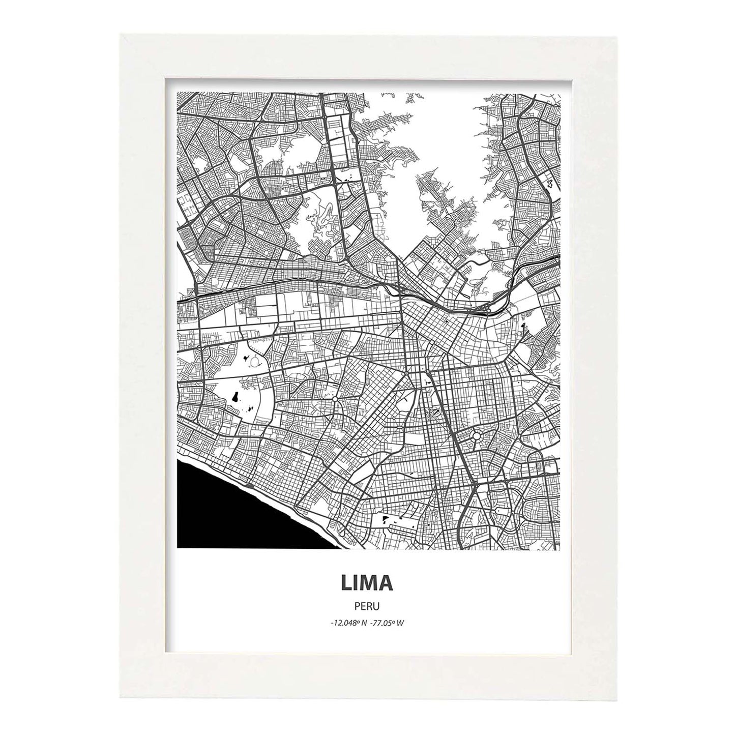 Poster con mapa de Lima - Peru. Láminas de ciudades de Latinoamérica con mares y ríos en color negro.-Artwork-Nacnic-A3-Marco Blanco-Nacnic Estudio SL