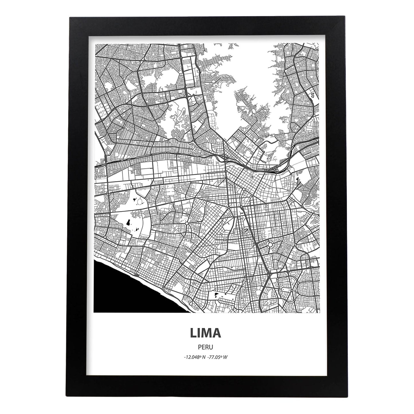 Poster con mapa de Lima - Peru. Láminas de ciudades de Latinoamérica con mares y ríos en color negro.-Artwork-Nacnic-A3-Marco Negro-Nacnic Estudio SL