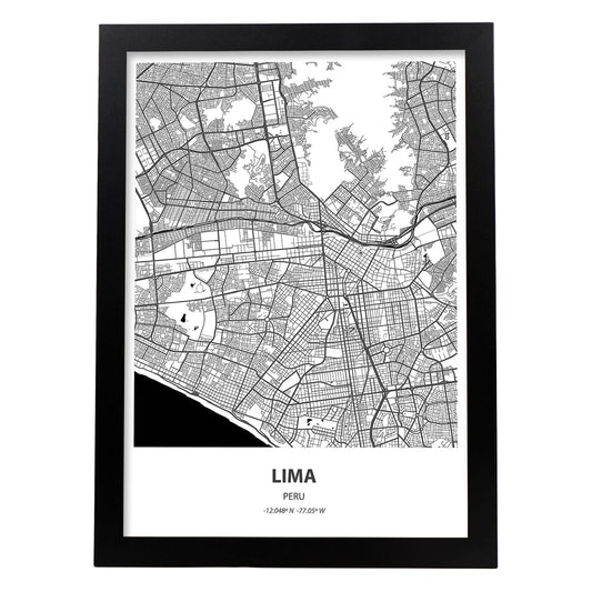 Poster con mapa de Lima - Peru. Láminas de ciudades de Latinoamérica con mares y ríos en color negro.-Artwork-Nacnic-A4-Marco Negro-Nacnic Estudio SL