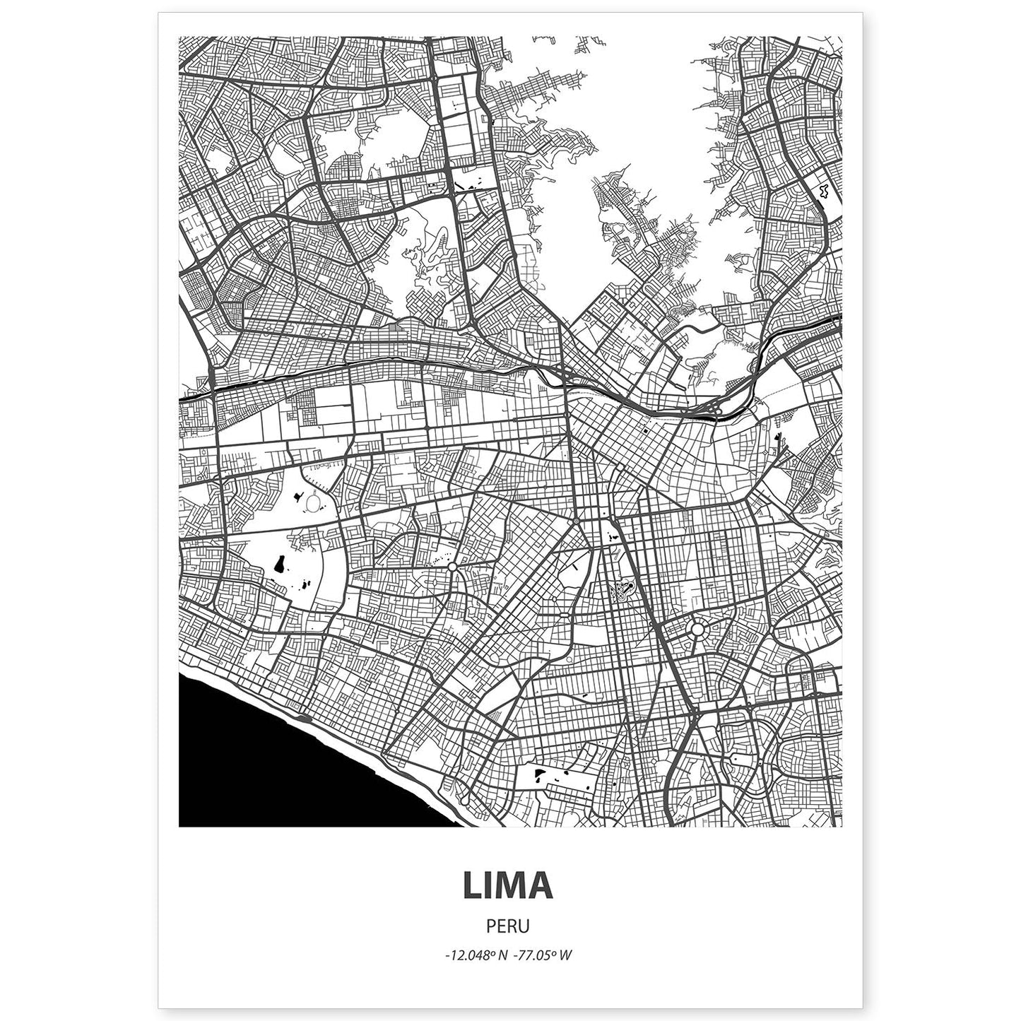 Poster con mapa de Lima - Peru. Láminas de ciudades de Latinoamérica con mares y ríos en color negro.-Artwork-Nacnic-A4-Sin marco-Nacnic Estudio SL
