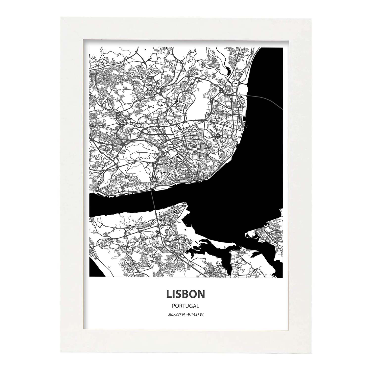 Poster con mapa de Lisbon - Portugal. Láminas de ciudades de España con mares y ríos en color negro.-Artwork-Nacnic-A3-Marco Blanco-Nacnic Estudio SL