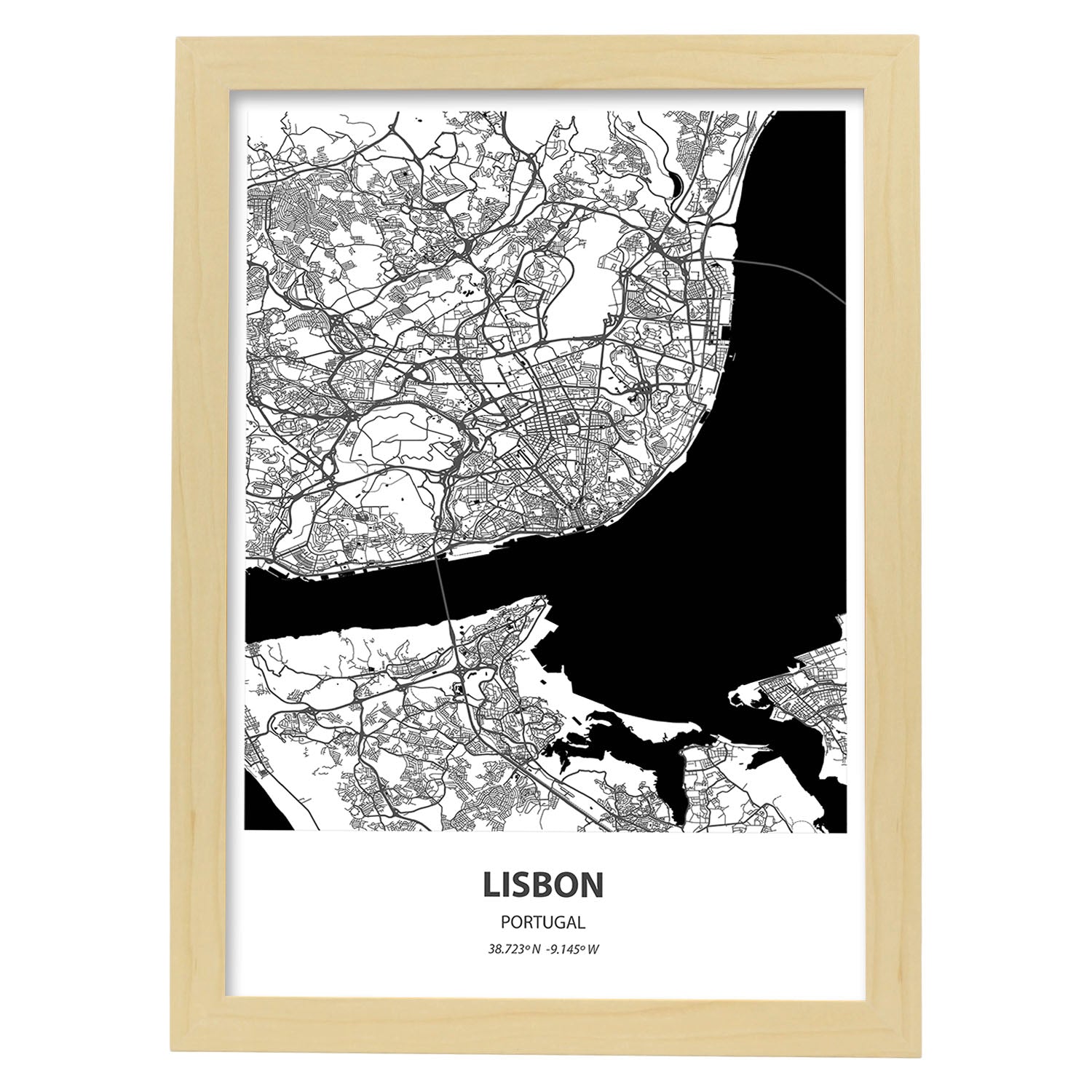 Poster con mapa de Lisbon - Portugal. Láminas de ciudades de España con mares y ríos en color negro.-Artwork-Nacnic-A3-Marco Madera clara-Nacnic Estudio SL