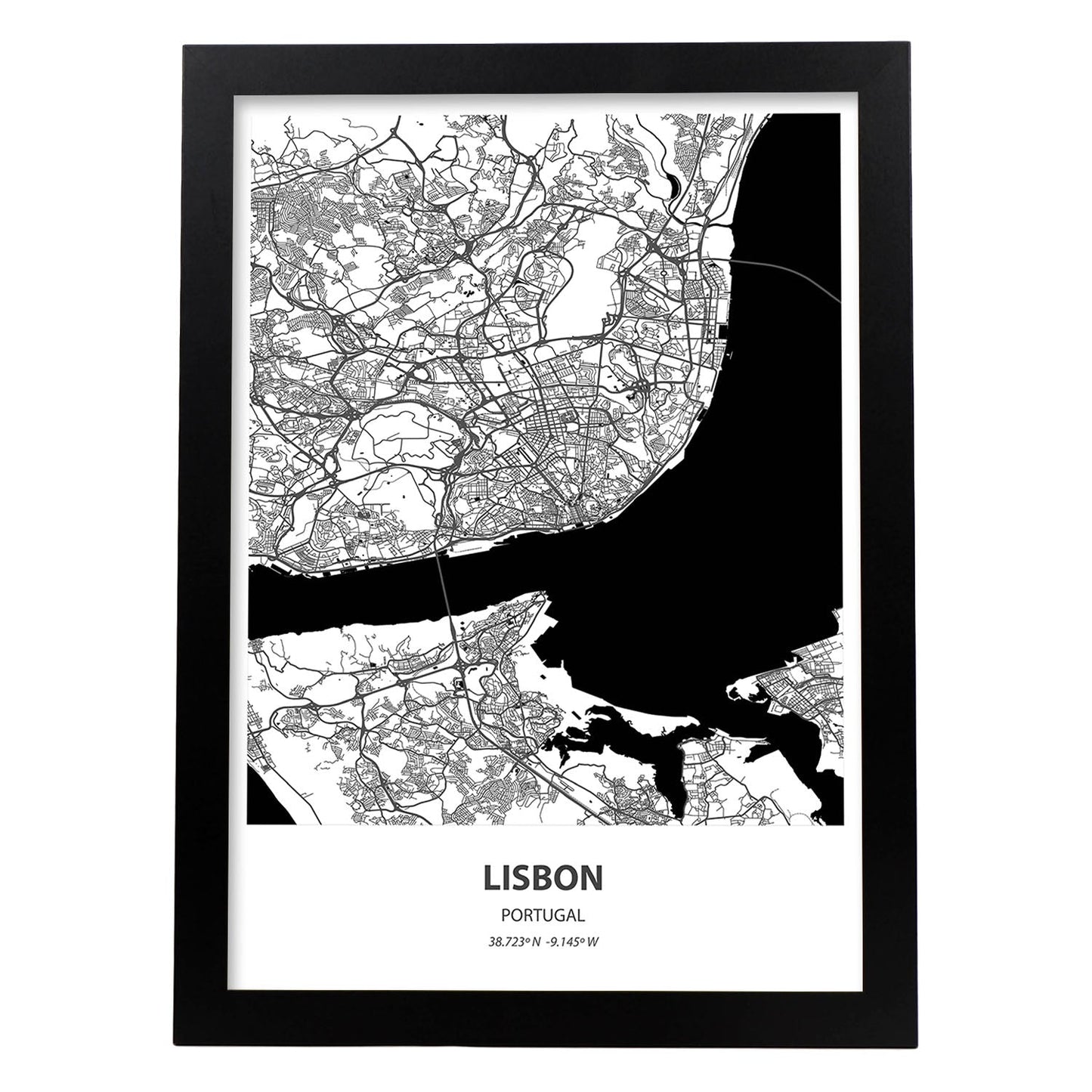 Poster con mapa de Lisbon - Portugal. Láminas de ciudades de España con mares y ríos en color negro.-Artwork-Nacnic-A3-Marco Negro-Nacnic Estudio SL