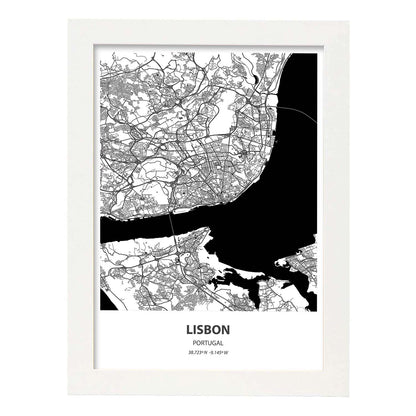 Poster con mapa de Lisbon - Portugal. Láminas de ciudades de España con mares y ríos en color negro.-Artwork-Nacnic-A4-Marco Blanco-Nacnic Estudio SL