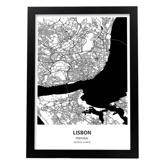 Poster con mapa de Lisbon - Portugal. Láminas de ciudades de España con mares y ríos en color negro.-Artwork-Nacnic-A4-Marco Negro-Nacnic Estudio SL