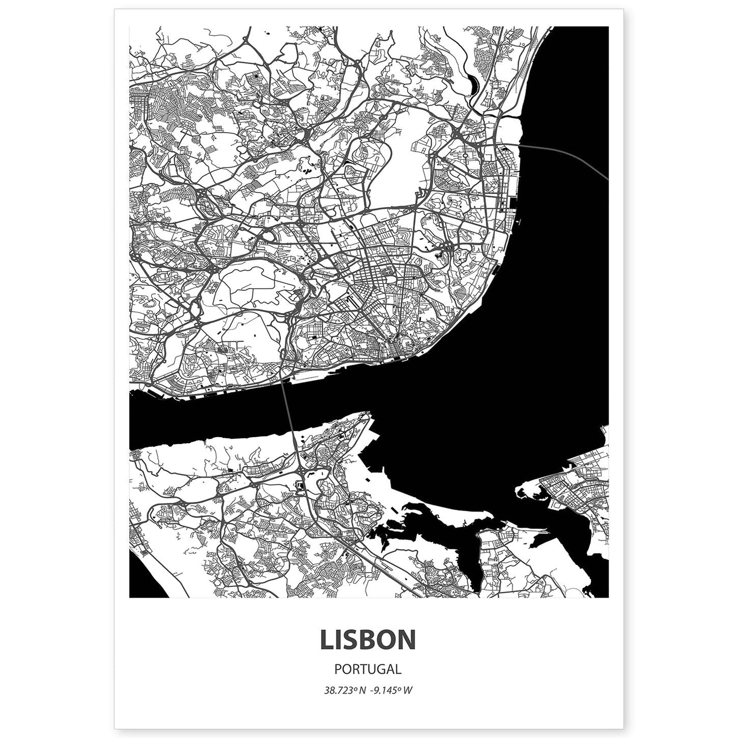 Poster con mapa de Lisbon - Portugal. Láminas de ciudades de España con mares y ríos en color negro.-Artwork-Nacnic-A4-Sin marco-Nacnic Estudio SL