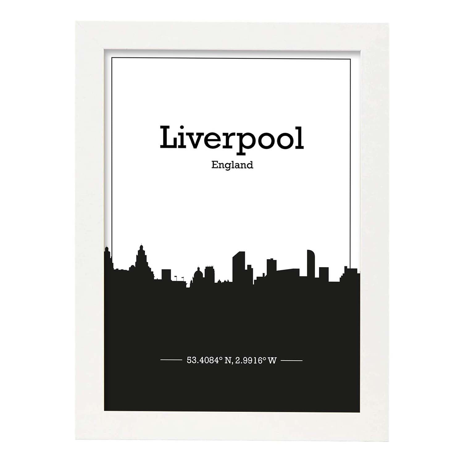 Poster con mapa de Liverpool - Inglaterra. Láminas con Skyline de ciudades de Inglaterra e Irlanda con sombra negra.-Artwork-Nacnic-A3-Marco Blanco-Nacnic Estudio SL