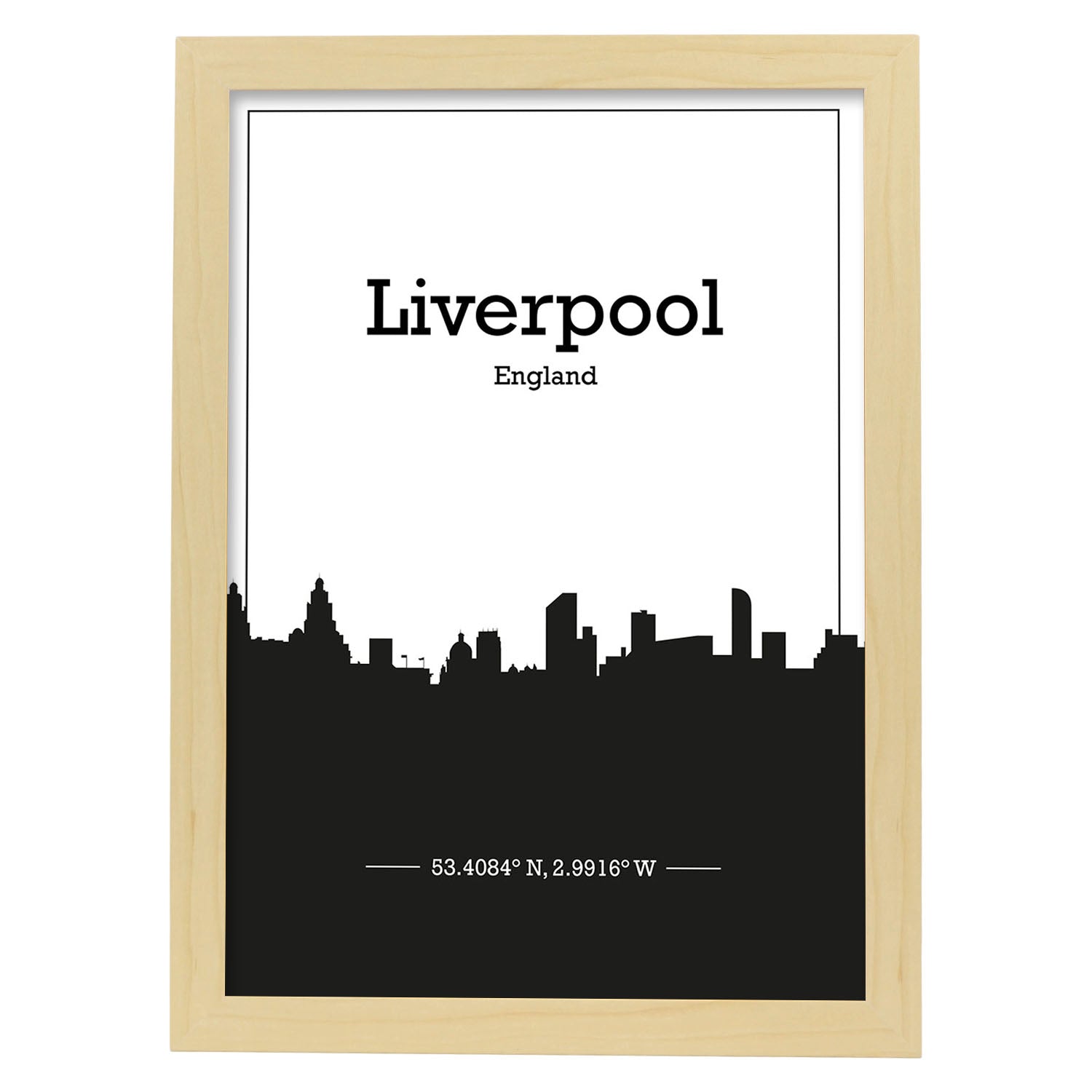 Poster con mapa de Liverpool - Inglaterra. Láminas con Skyline de ciudades de Inglaterra e Irlanda con sombra negra.-Artwork-Nacnic-A3-Marco Madera clara-Nacnic Estudio SL